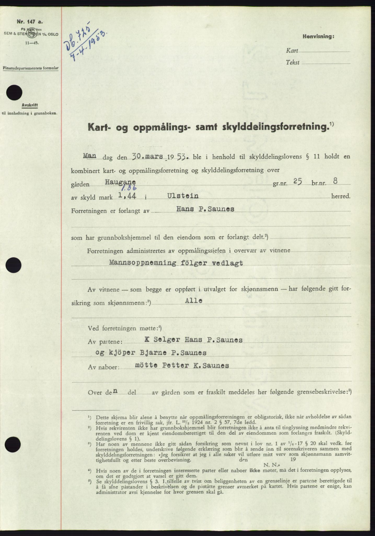 Søre Sunnmøre sorenskriveri, SAT/A-4122/1/2/2C/L0094: Pantebok nr. 20A, 1953-1953, Dagboknr: 725/1953
