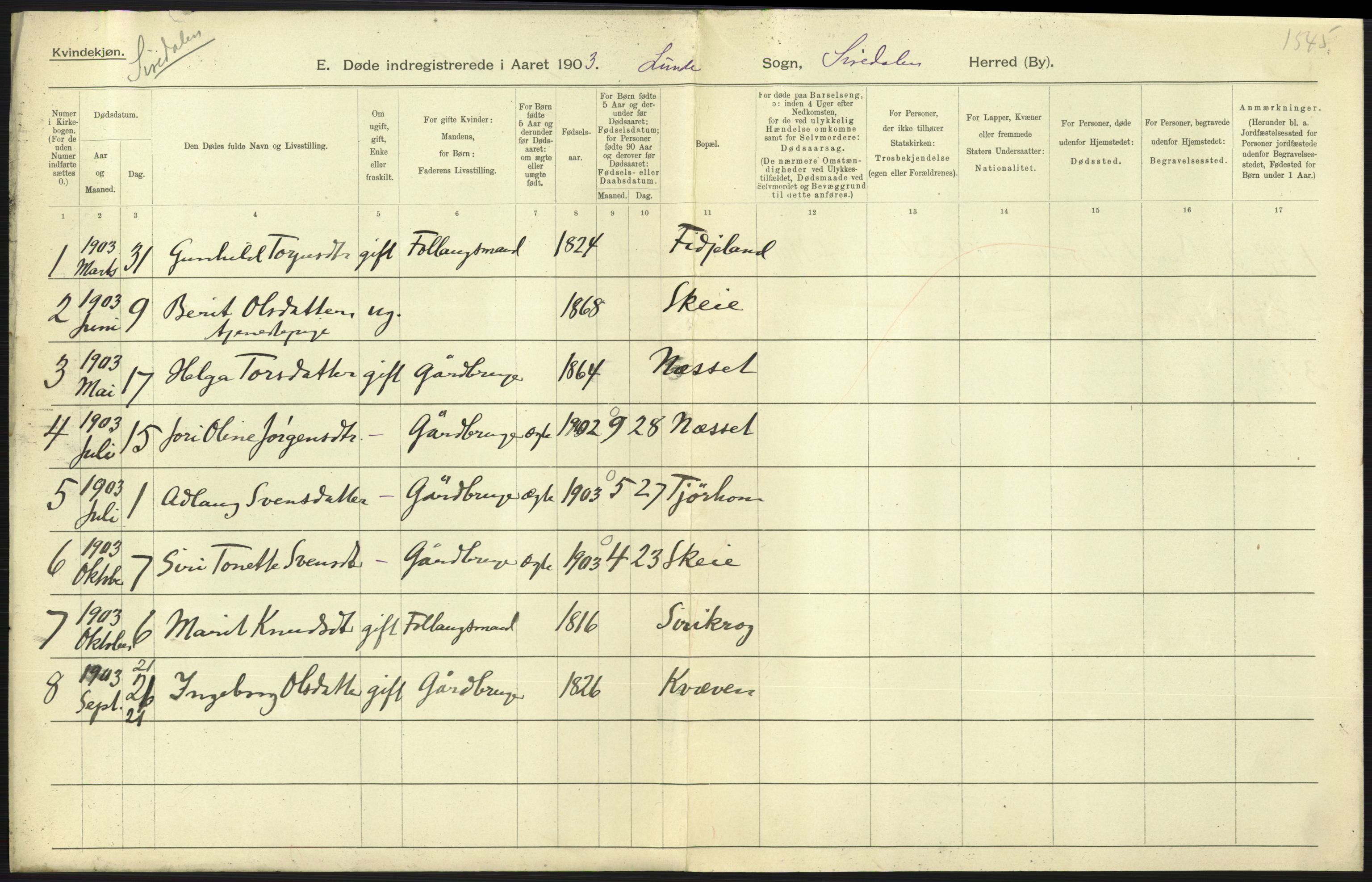 Statistisk sentralbyrå, Sosiodemografiske emner, Befolkning, AV/RA-S-2228/D/Df/Dfa/Dfaa/L0011: Lister og Mandal amt: Fødte, gifte, døde, 1903, s. 513