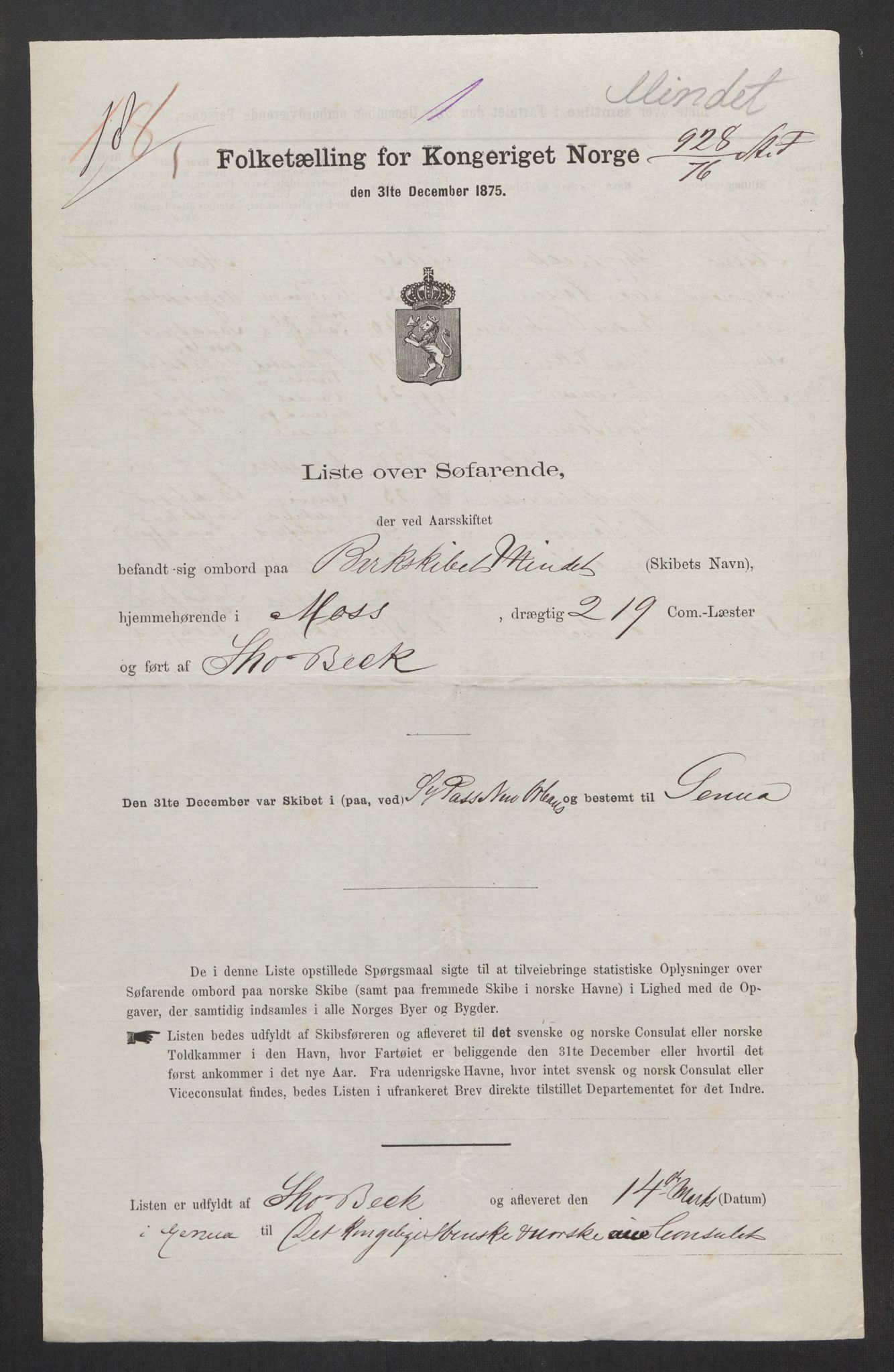 RA, Folketelling 1875, skipslister: Skip i utenrikske havner, hjemmehørende i byer og ladesteder, Fredrikshald - Arendal, 1875, s. 65