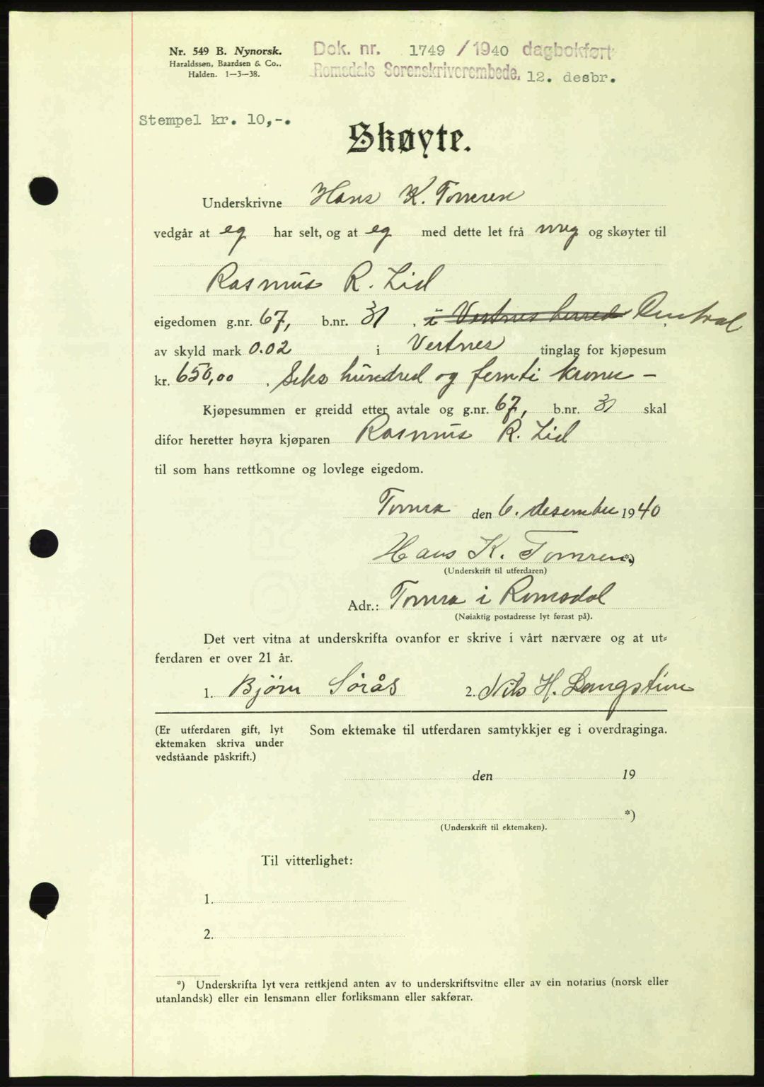 Romsdal sorenskriveri, SAT/A-4149/1/2/2C: Pantebok nr. A9, 1940-1941, Dagboknr: 1749/1940