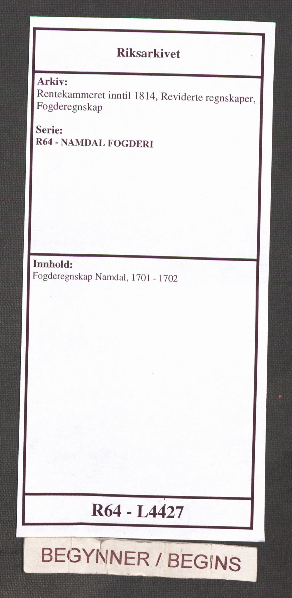 Rentekammeret inntil 1814, Reviderte regnskaper, Fogderegnskap, RA/EA-4092/R64/L4427: Fogderegnskap Namdal, 1701-1702, s. 1