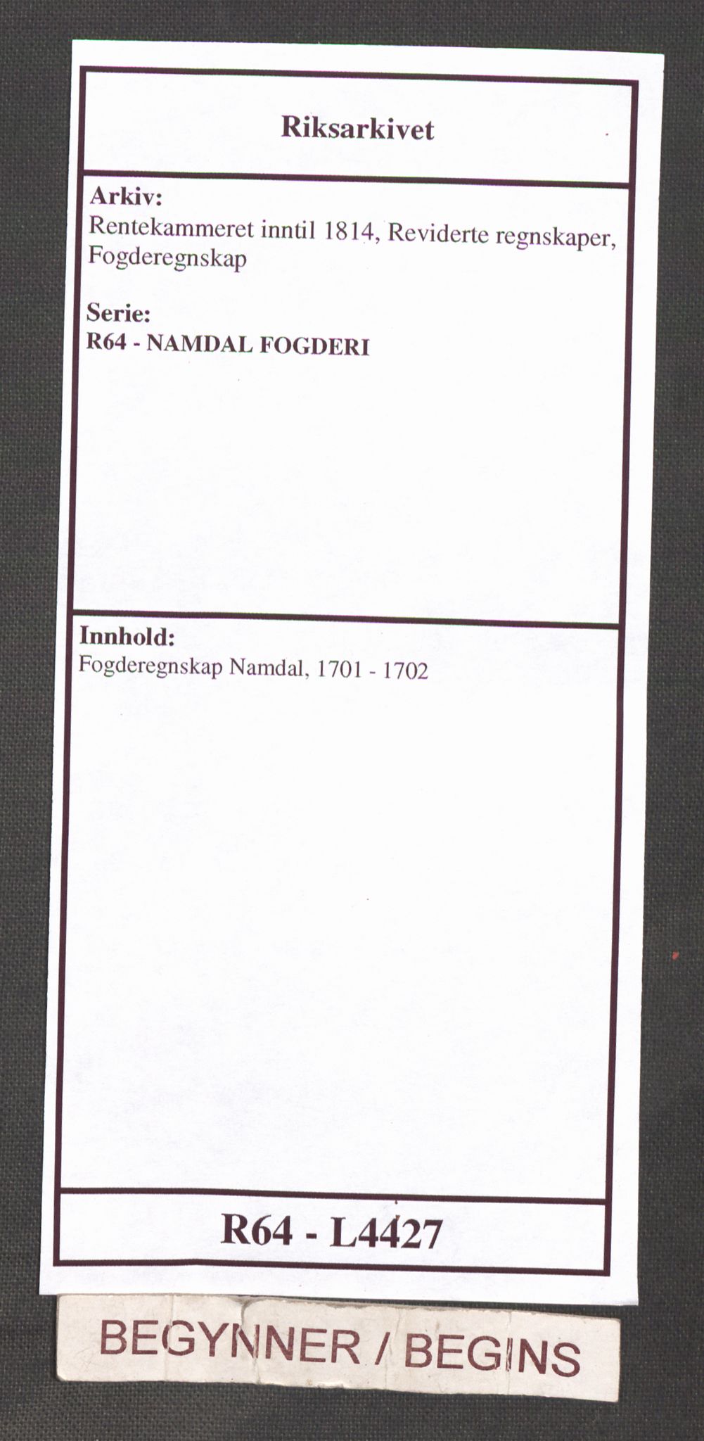 Rentekammeret inntil 1814, Reviderte regnskaper, Fogderegnskap, AV/RA-EA-4092/R64/L4427: Fogderegnskap Namdal, 1701-1702, s. 1