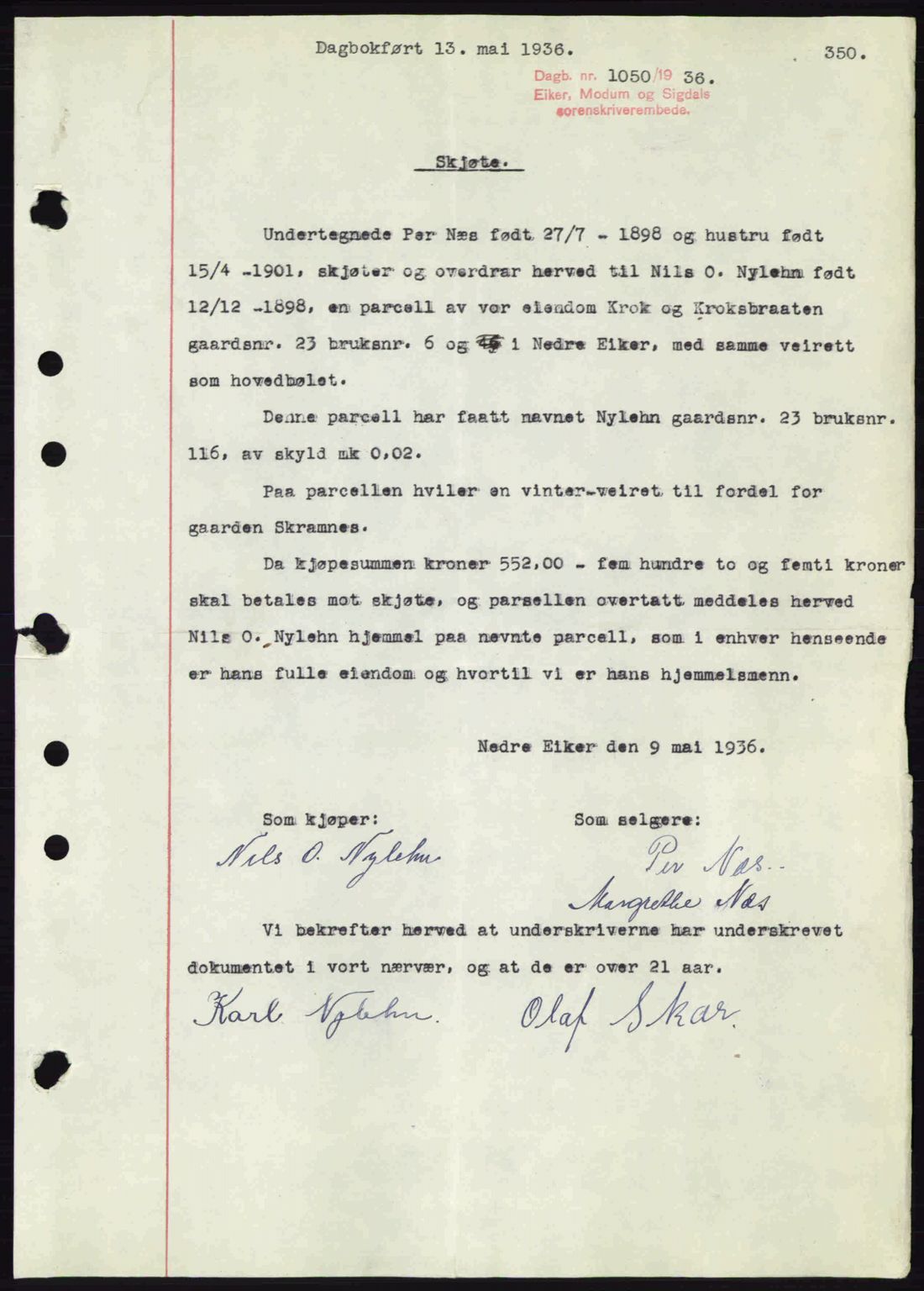 Eiker, Modum og Sigdal sorenskriveri, SAKO/A-123/G/Ga/Gab/L0032: Pantebok nr. A2, 1936-1936, Dagboknr: 1050/1936