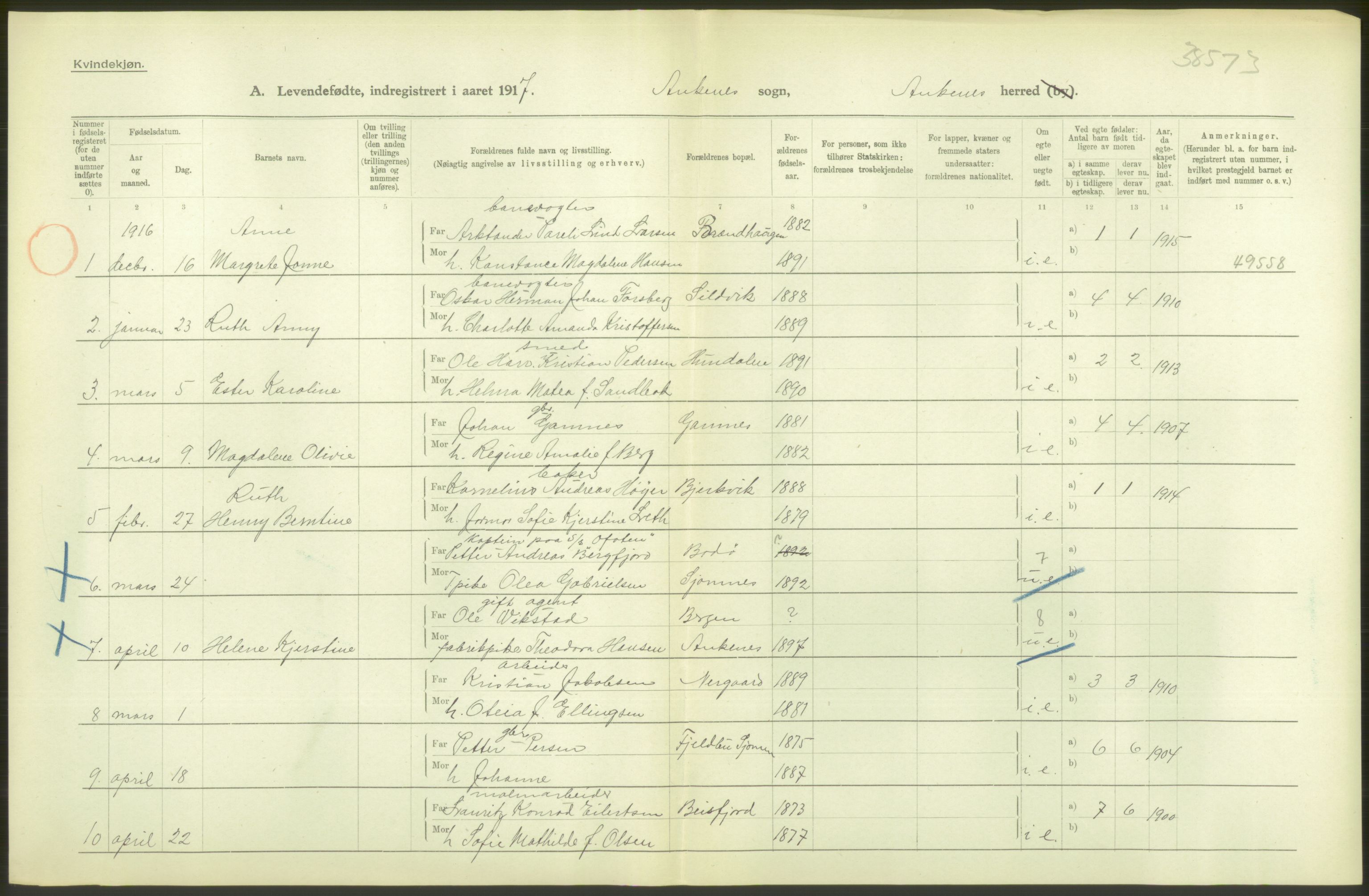 Statistisk sentralbyrå, Sosiodemografiske emner, Befolkning, AV/RA-S-2228/D/Df/Dfb/Dfbg/L0050: Nordlands amt: Levendefødte menn og kvinner. Bygder., 1917, s. 32