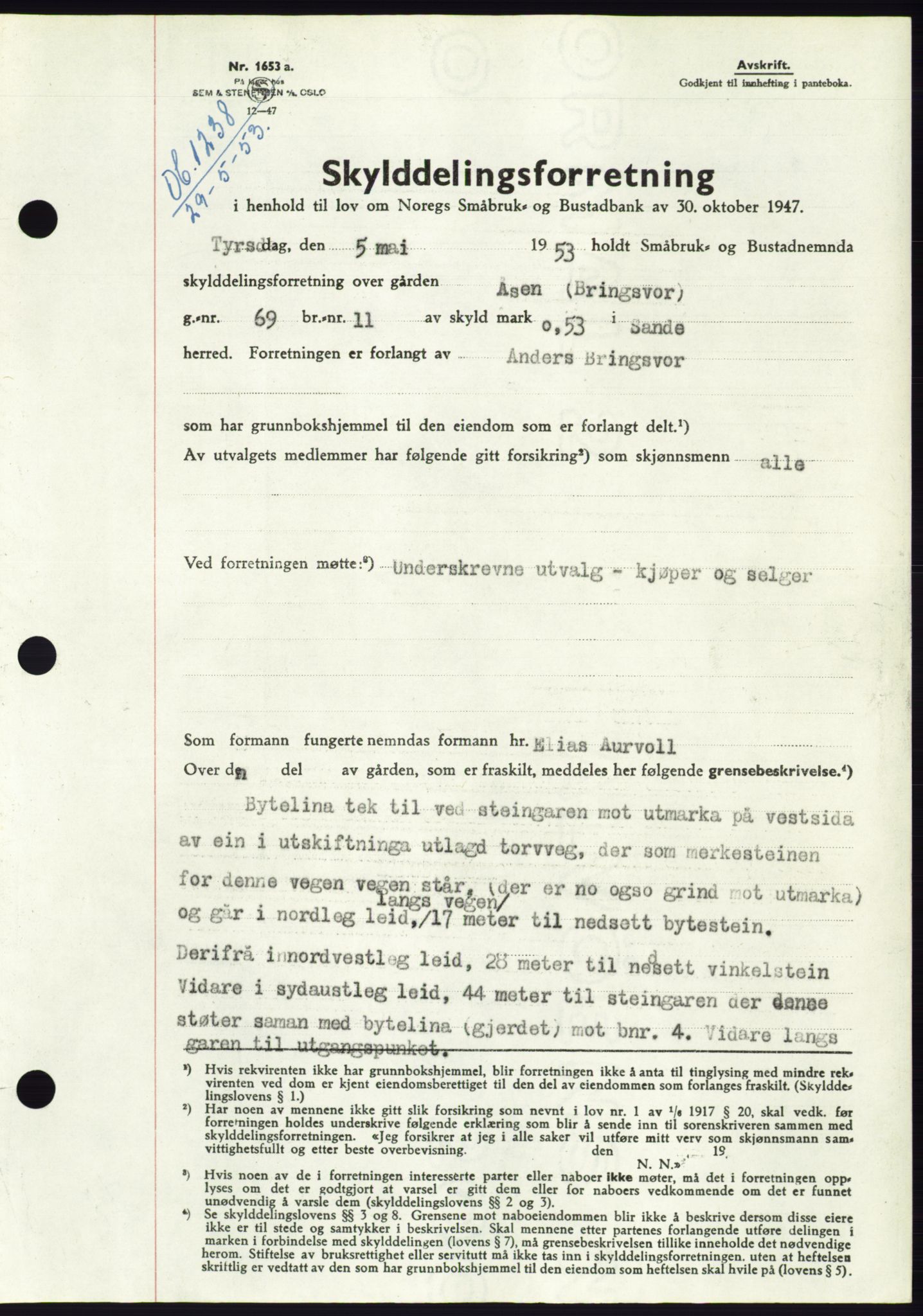 Søre Sunnmøre sorenskriveri, AV/SAT-A-4122/1/2/2C/L0095: Pantebok nr. 21A, 1953-1953, Dagboknr: 1238/1953