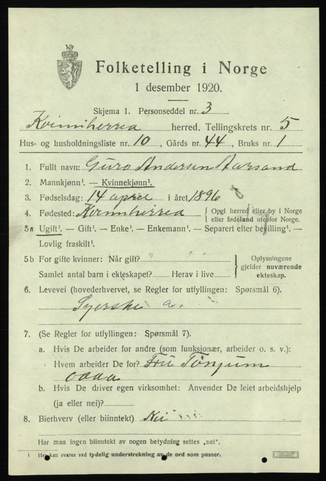 SAB, Folketelling 1920 for 1224 Kvinnherad herred, 1920, s. 6122