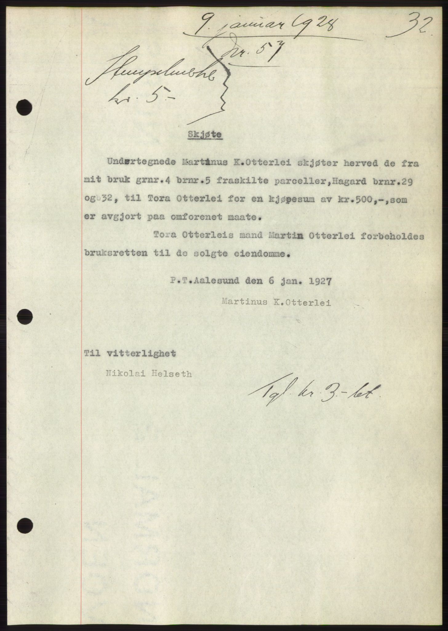 Nordre Sunnmøre sorenskriveri, AV/SAT-A-0006/1/2/2C/2Ca/L0041: Pantebok nr. 41, 1928-1928, Tingl.dato: 09.01.1928