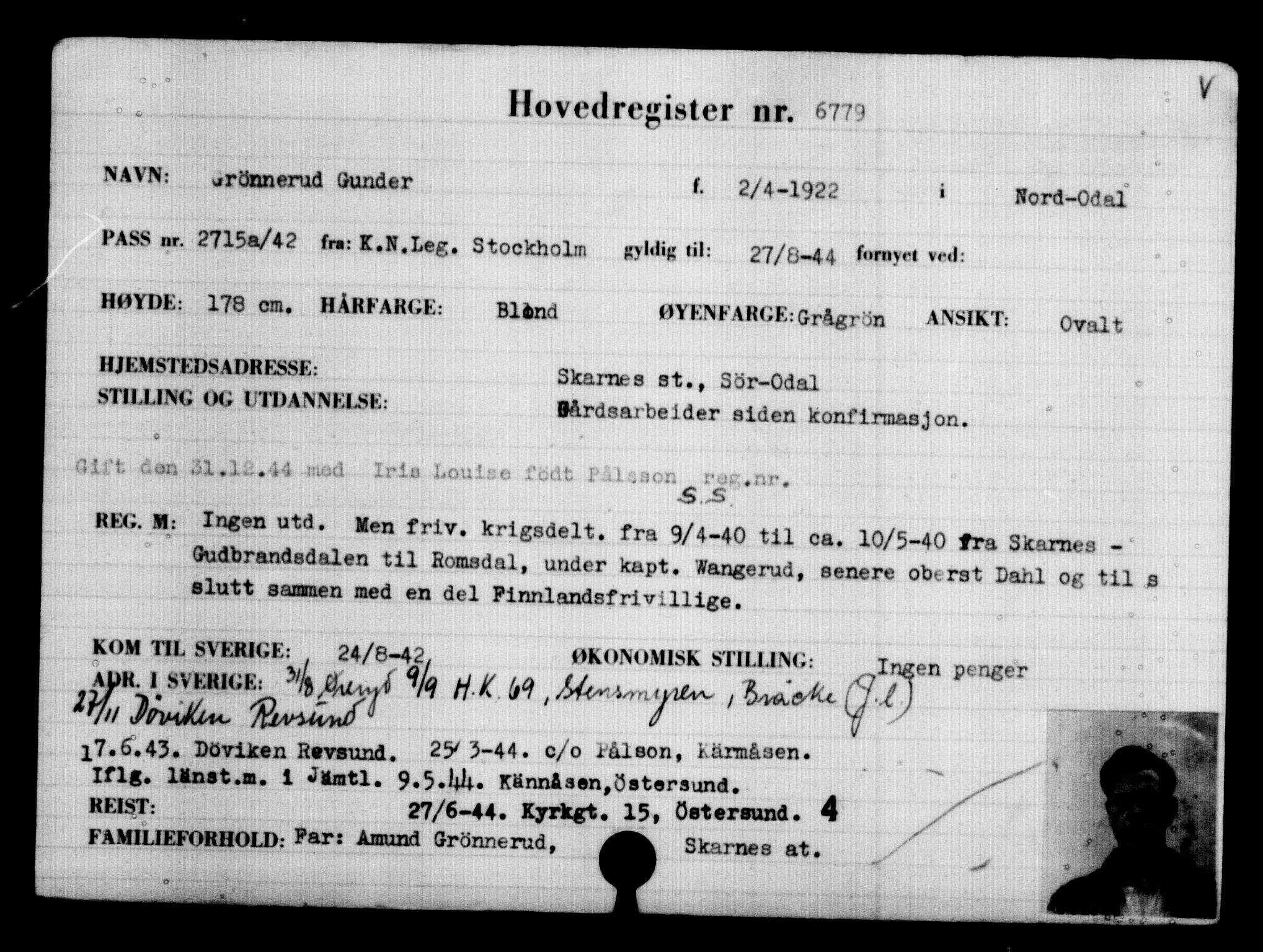 Utenriksstasjonene, Legasjonen i Stockholm, Flyktningkontoret, AV/RA-S-6753/V/Va/L0005: Kjesäterkartoteket, flyktninger med registreringsnr. 6600-9417, 1940-1945, s. 219