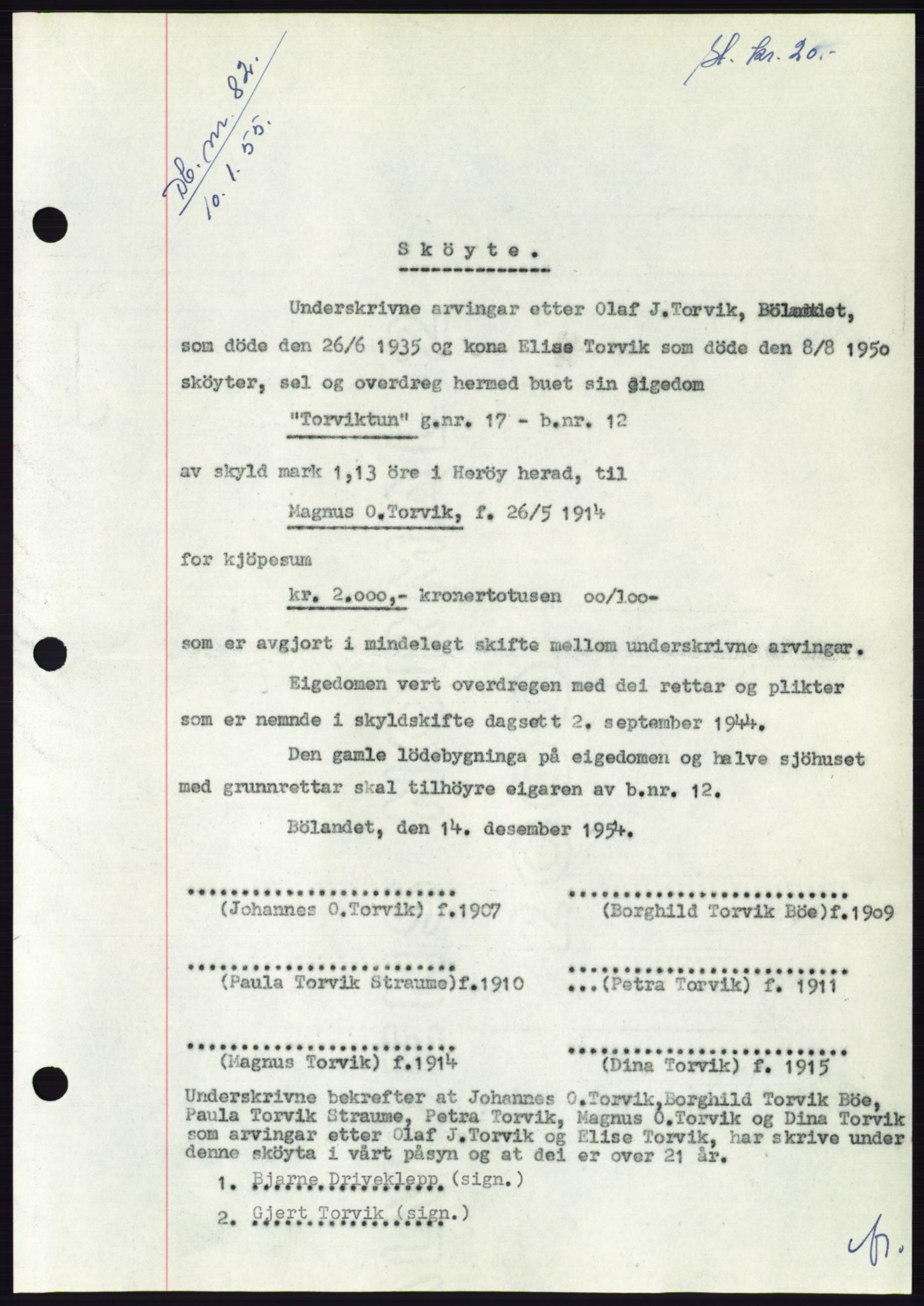 Søre Sunnmøre sorenskriveri, AV/SAT-A-4122/1/2/2C/L0100: Pantebok nr. 26A, 1954-1955, Dagboknr: 82/1955