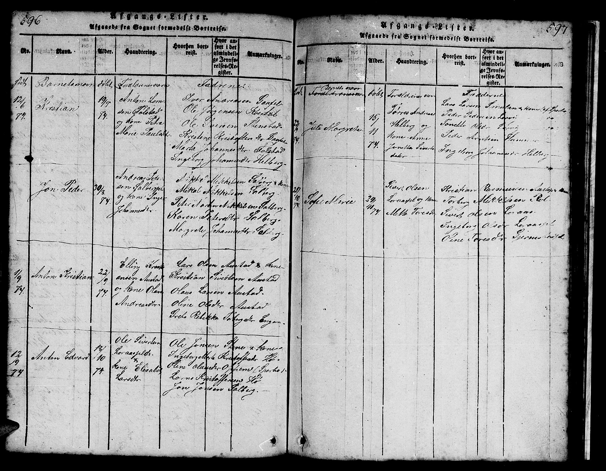 Ministerialprotokoller, klokkerbøker og fødselsregistre - Nord-Trøndelag, SAT/A-1458/731/L0310: Klokkerbok nr. 731C01, 1816-1874, s. 596-597