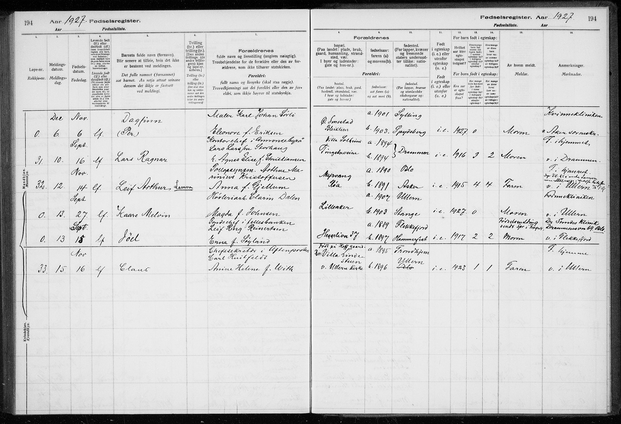 Ullern prestekontor Kirkebøker, SAO/A-10740/J/L0001: Fødselsregister nr. 1, 1916-1928, s. 194