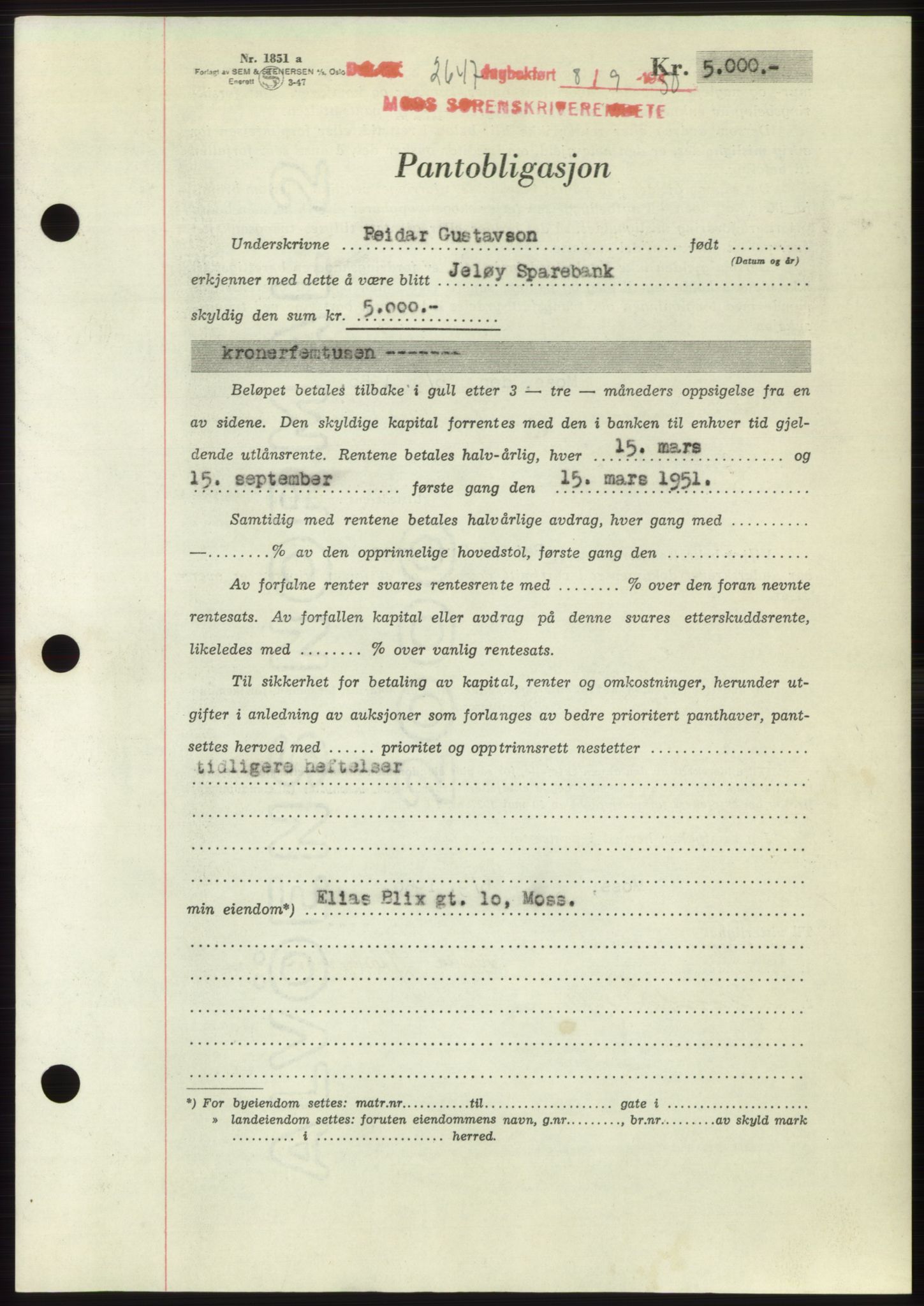 Moss sorenskriveri, SAO/A-10168: Pantebok nr. B25, 1950-1950, Dagboknr: 2647/1950