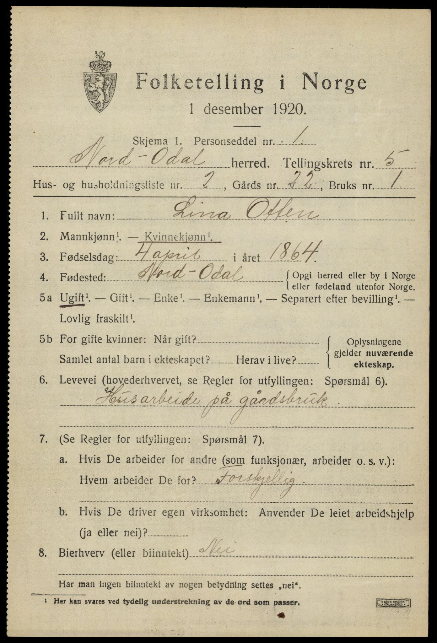 SAH, Folketelling 1920 for 0418 Nord-Odal herred, 1920, s. 5051