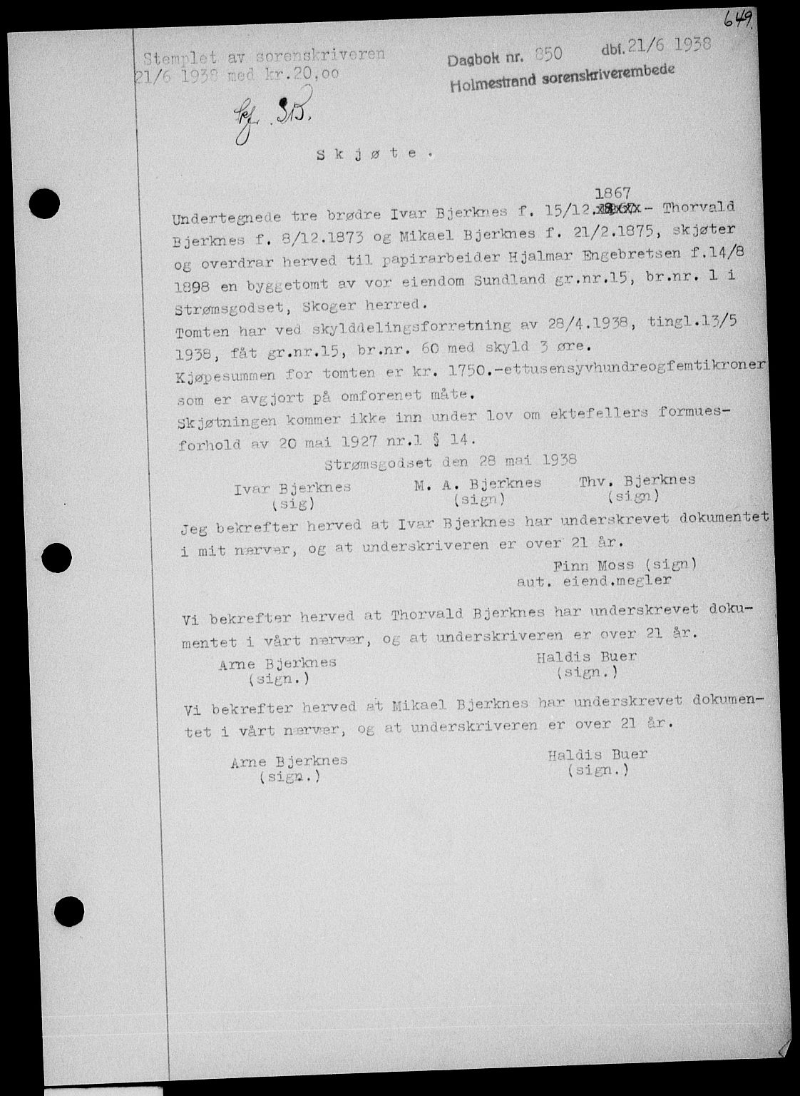 Holmestrand sorenskriveri, SAKO/A-67/G/Ga/Gaa/L0049: Pantebok nr. A-49, 1937-1938, Dagboknr: 850/1938