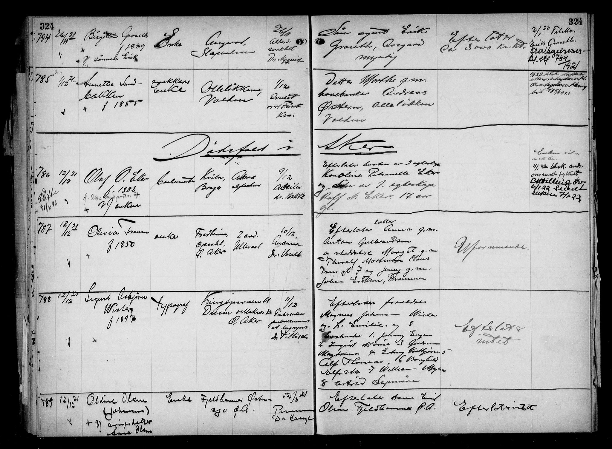 Aker kriminaldommer, skifte- og auksjonsforvalterembete, AV/SAO-A-10452/H/Hb/Hba/Hbaa/L0005: Dødsfallsprotokoll, 1918-1922, s. 324