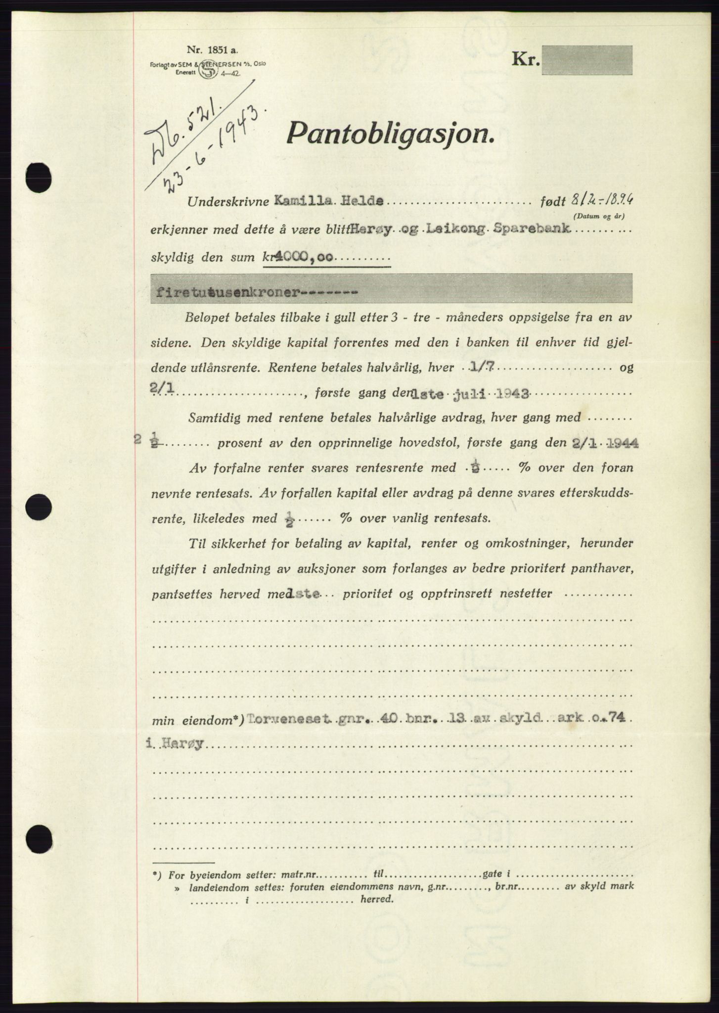 Søre Sunnmøre sorenskriveri, AV/SAT-A-4122/1/2/2C/L0114: Pantebok nr. 1-2B, 1943-1947, Dagboknr: 521/1943