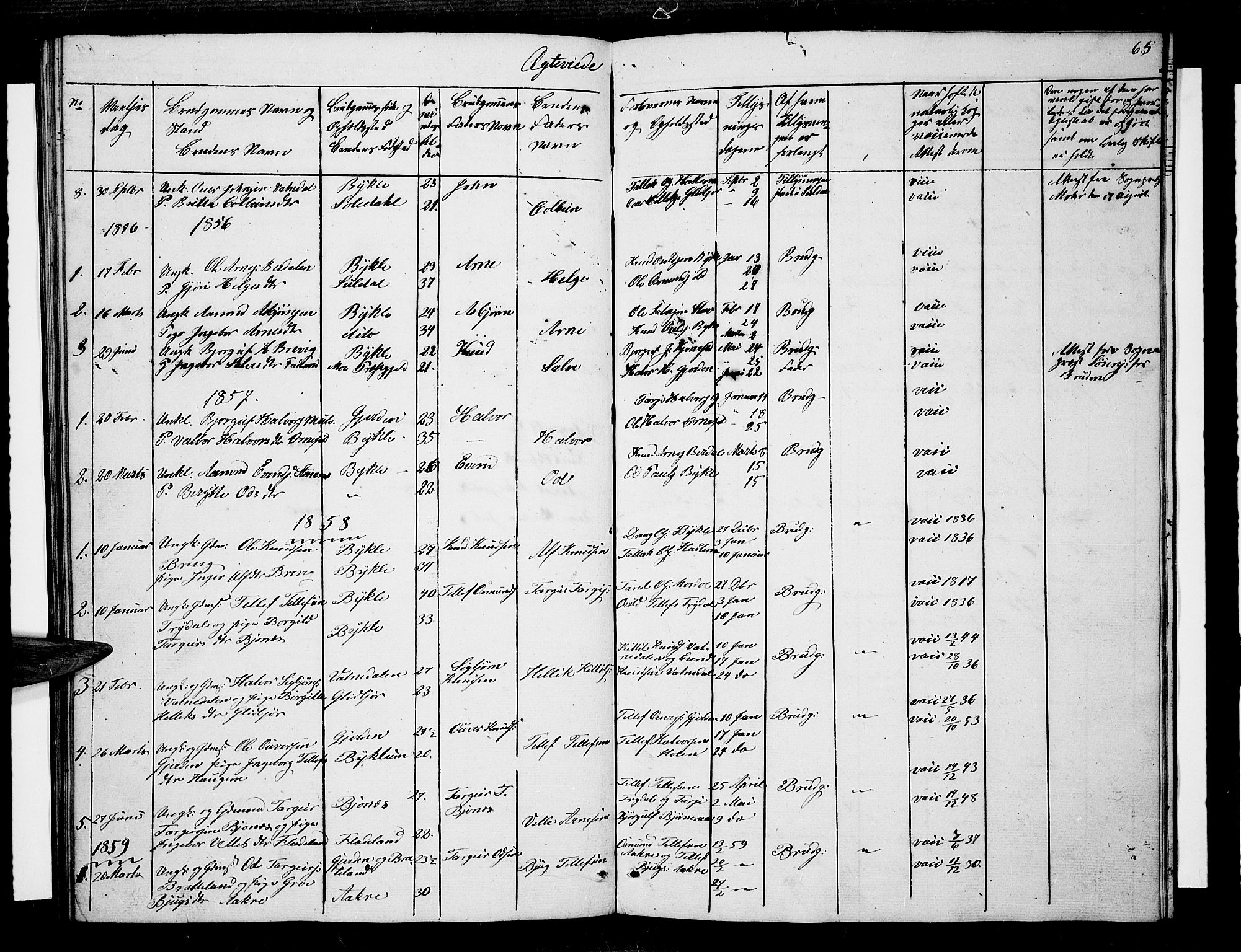 Valle sokneprestkontor, AV/SAK-1111-0044/F/Fb/Fba/L0001: Klokkerbok nr. B 1, 1851-1882, s. 65