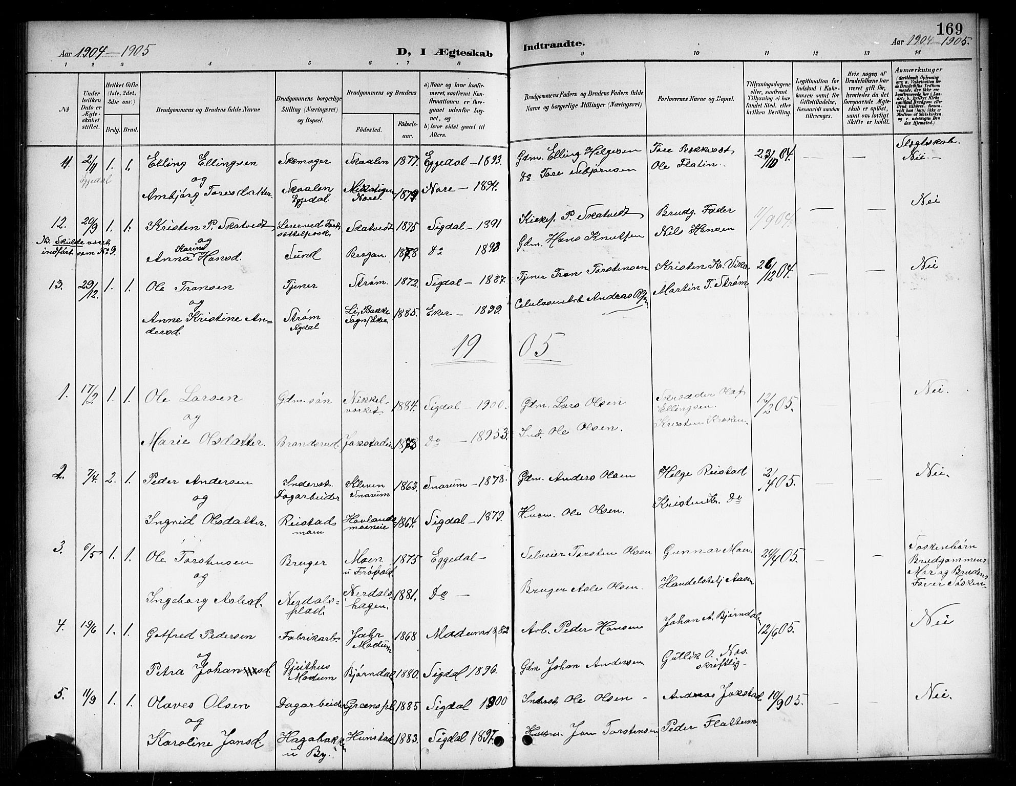 Sigdal kirkebøker, AV/SAKO-A-245/G/Ga/L0006: Klokkerbok nr. I 6, 1901-1916, s. 169