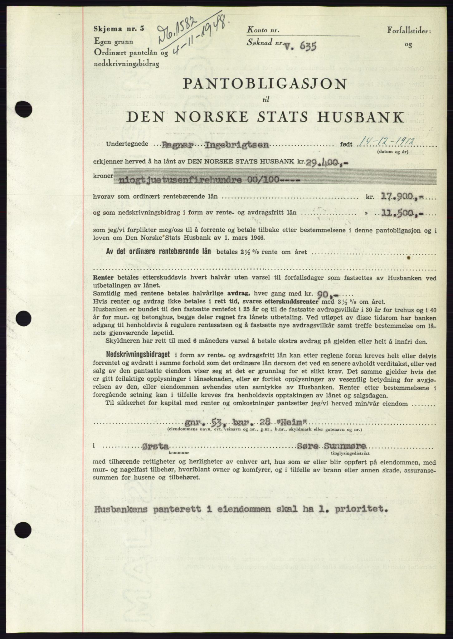 Søre Sunnmøre sorenskriveri, AV/SAT-A-4122/1/2/2C/L0116: Pantebok nr. 4B, 1948-1949, Dagboknr: 1582/1948