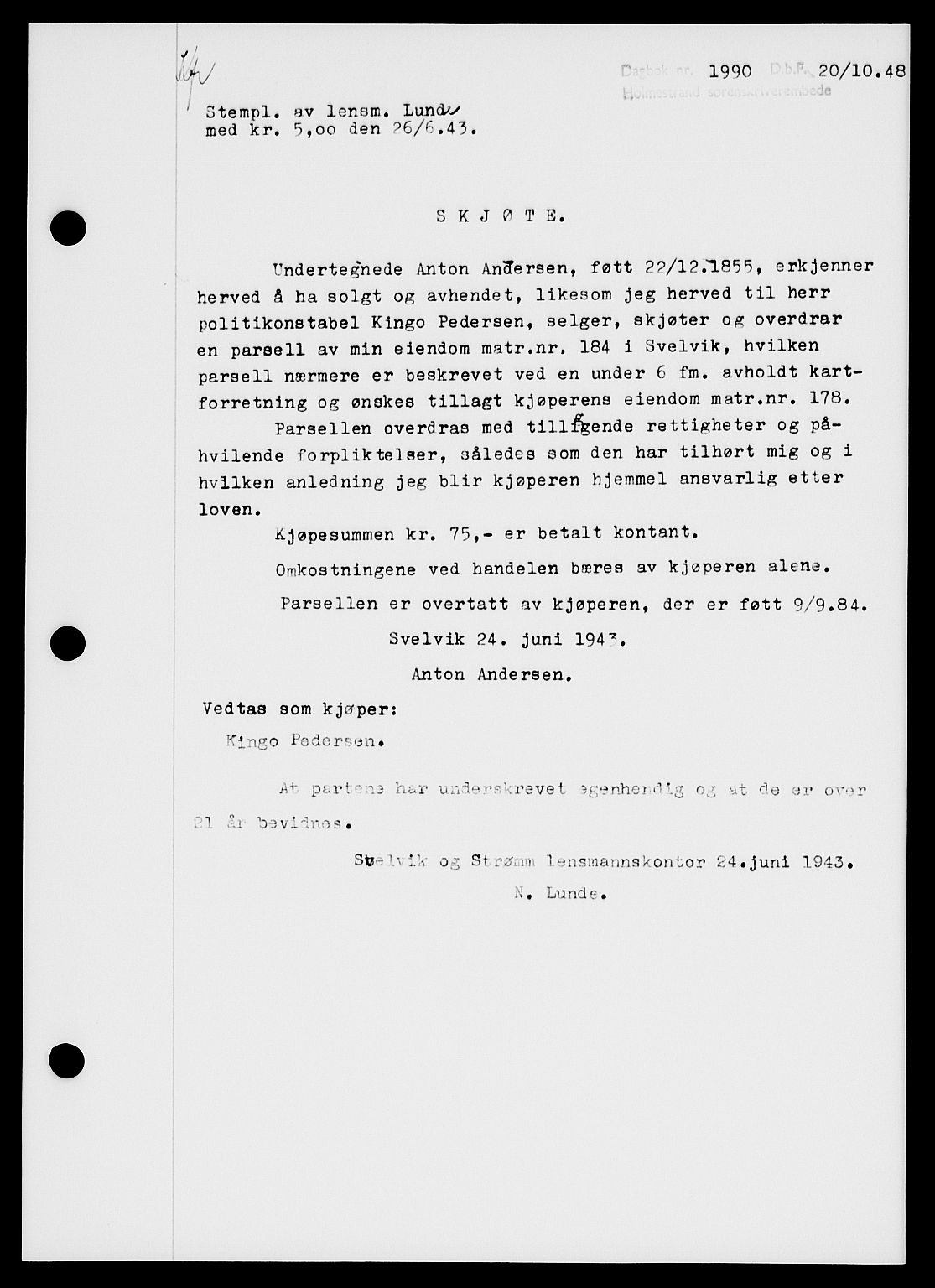 Holmestrand sorenskriveri, SAKO/A-67/G/Ga/Gaa/L0065: Pantebok nr. A-65, 1948-1949, Dagboknr: 1990/1948
