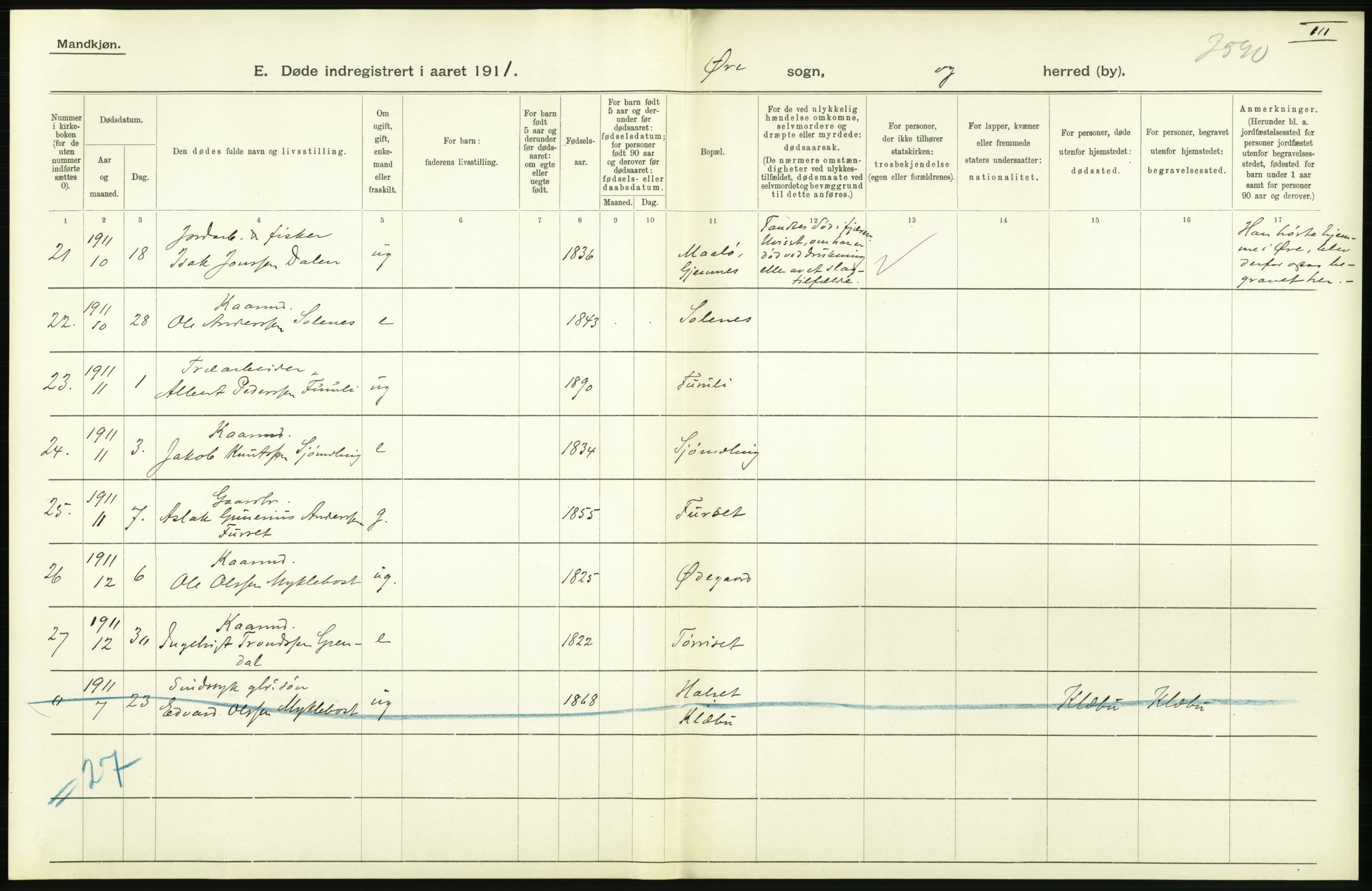 Statistisk sentralbyrå, Sosiodemografiske emner, Befolkning, AV/RA-S-2228/D/Df/Dfb/Dfba/L0038: Romsdals amt:  Døde. Bygder og byer., 1911, s. 30