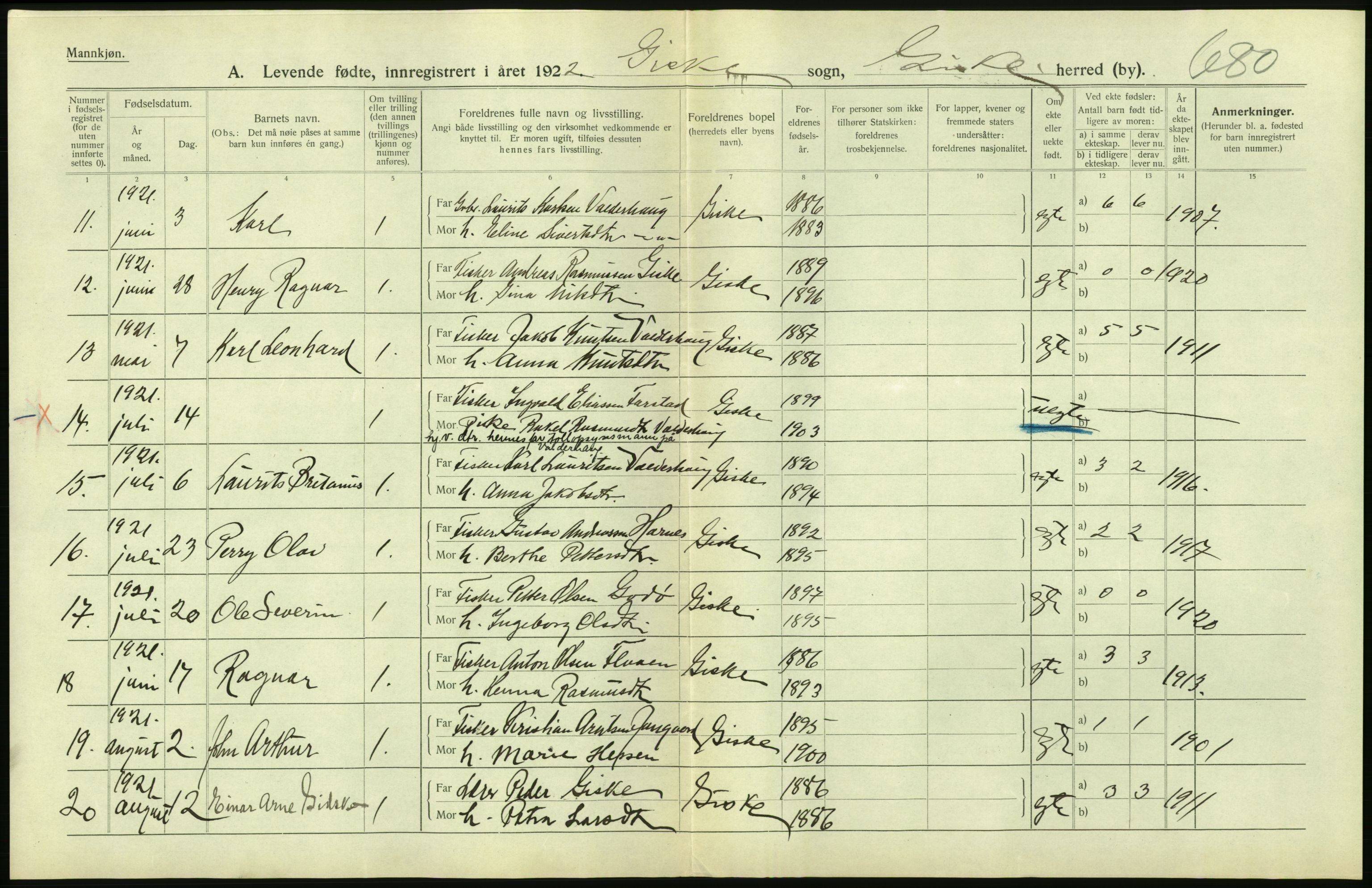 Statistisk sentralbyrå, Sosiodemografiske emner, Befolkning, AV/RA-S-2228/D/Df/Dfc/Dfca/L0040: Møre fylke: Levendefødte menn og kvinner. Bygder., 1921, s. 146