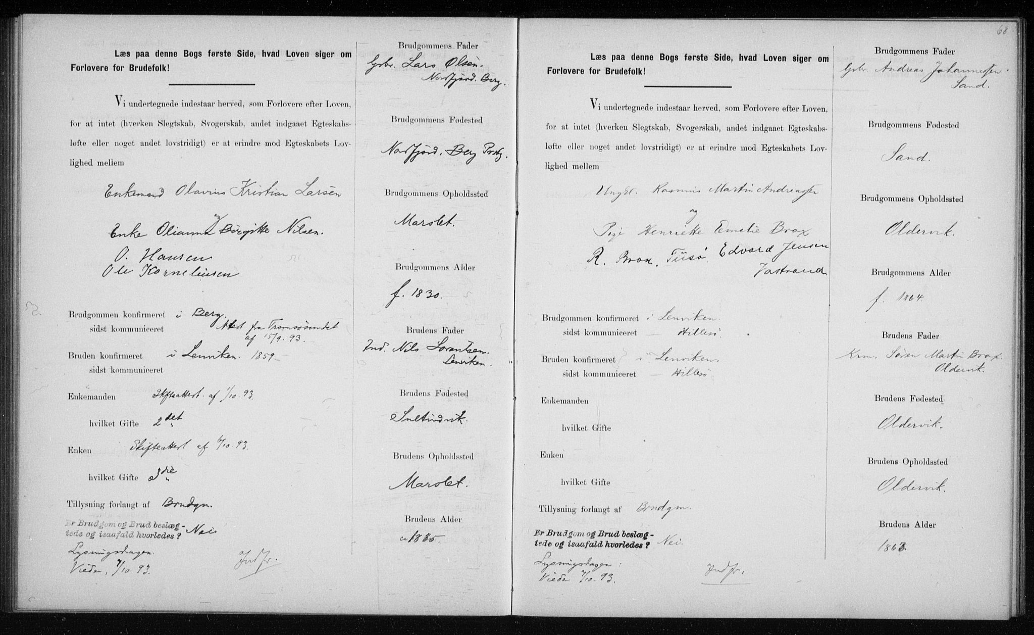 Lenvik sokneprestembete, AV/SATØ-S-1310/I/Ie/L0129: Lysningsprotokoll nr. 129, 1890-1895, s. 68