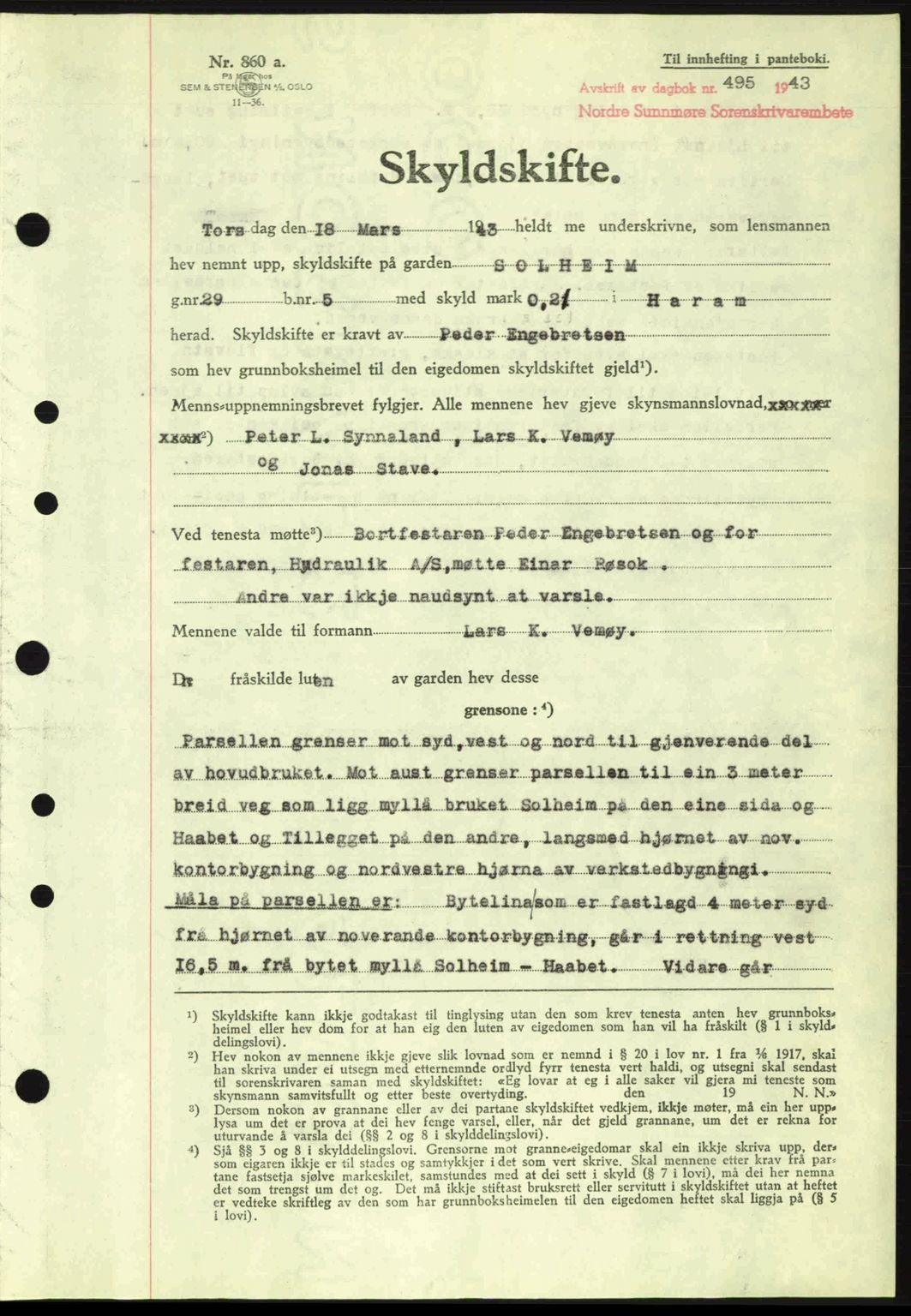 Nordre Sunnmøre sorenskriveri, AV/SAT-A-0006/1/2/2C/2Ca: Pantebok nr. A15, 1942-1943, Dagboknr: 495/1943