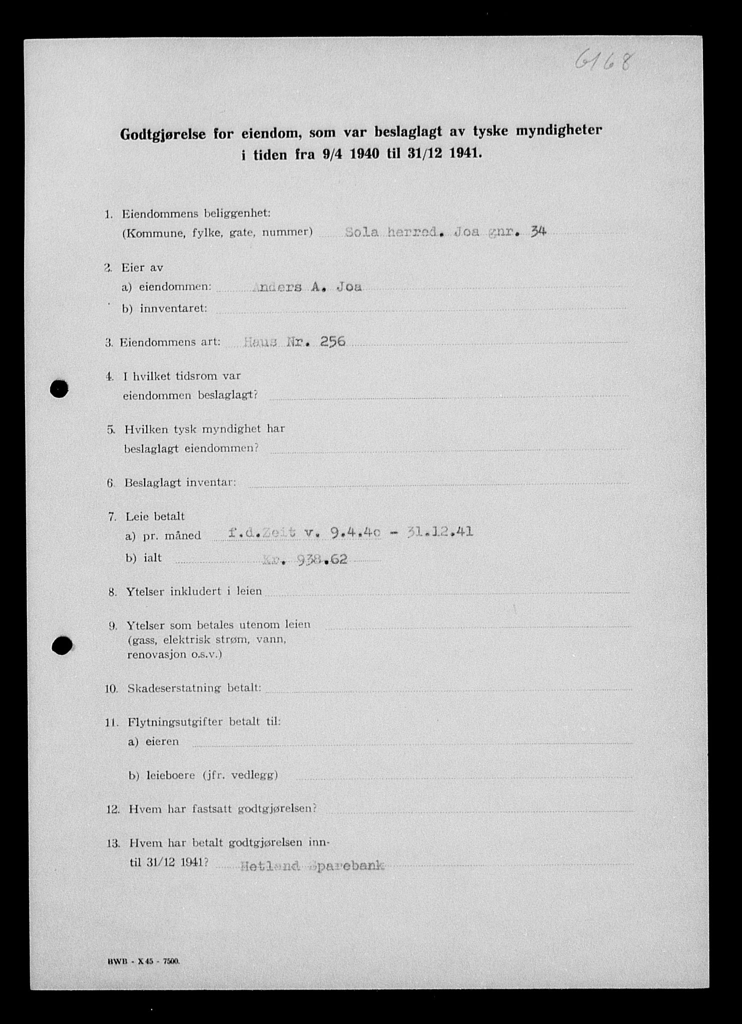 Justisdepartementet, Tilbakeføringskontoret for inndratte formuer, AV/RA-S-1564/I/L1014: Godtgjørelse for beslaglagt eiendom, 1940-1941, s. 377