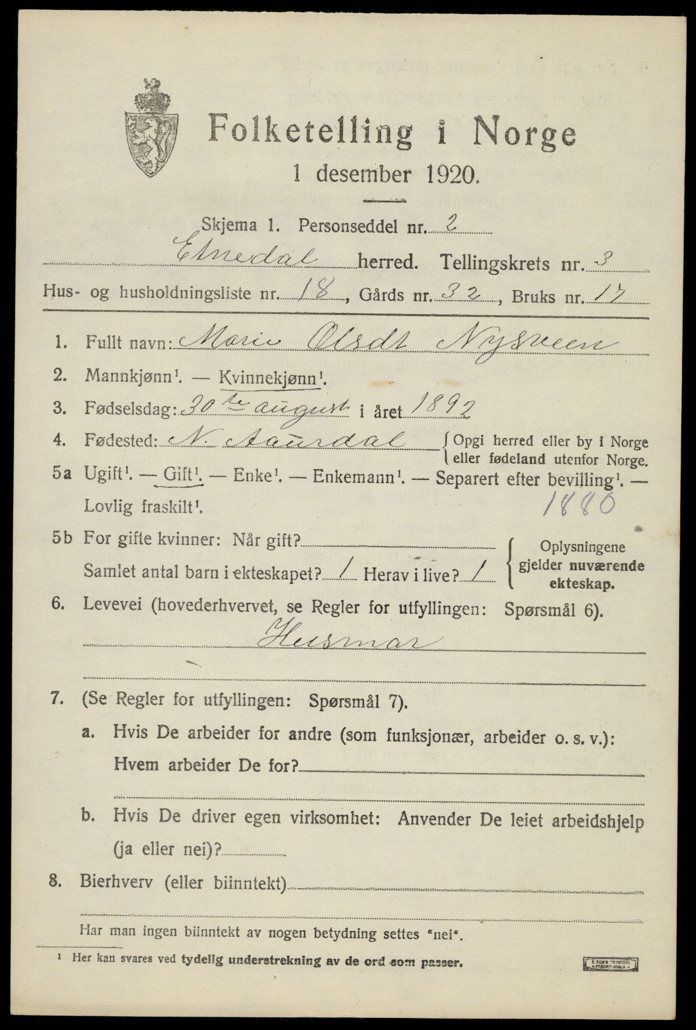 SAH, Folketelling 1920 for 0541 Etnedal herred, 1920, s. 1478