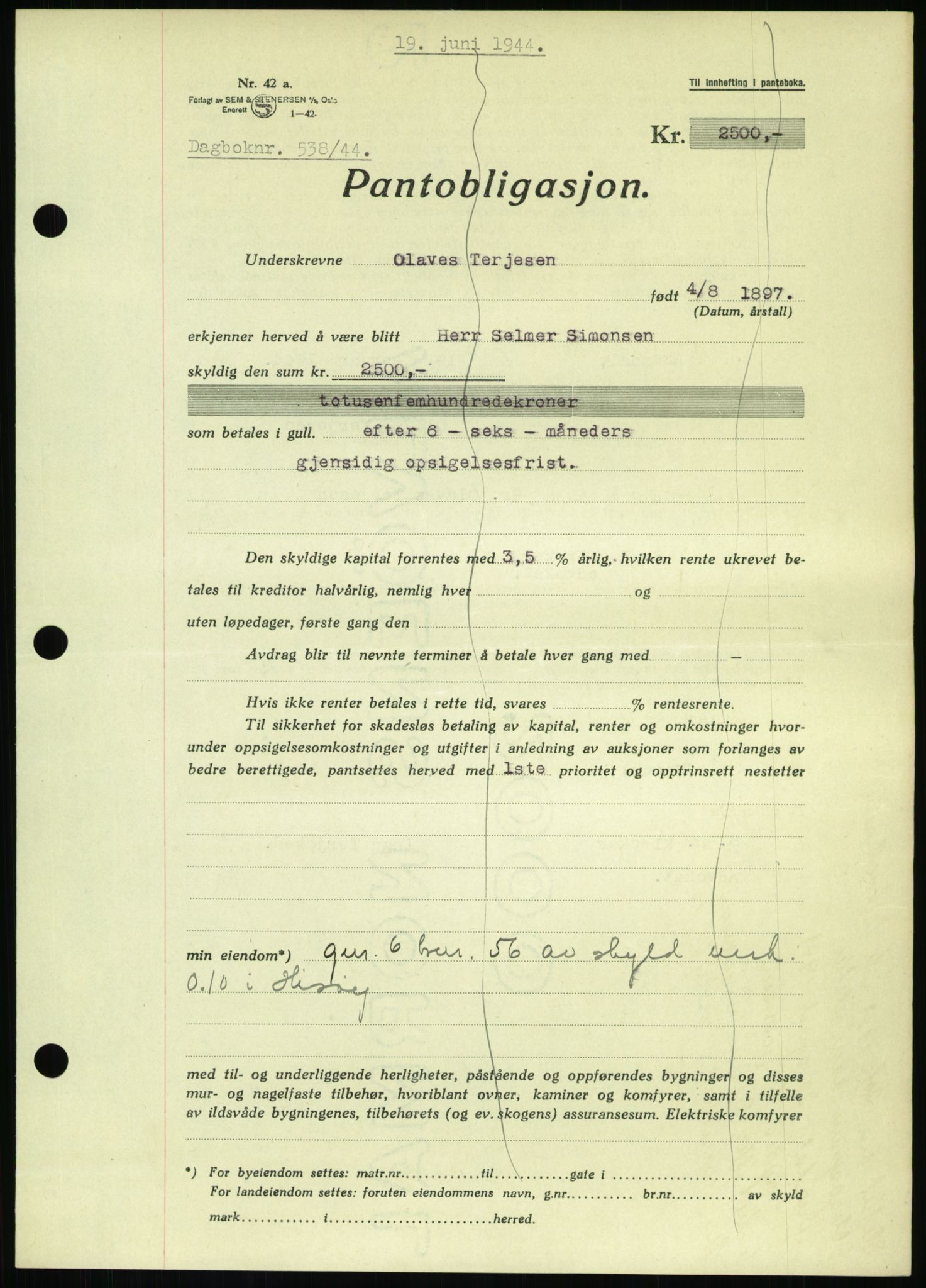 Nedenes sorenskriveri, SAK/1221-0006/G/Gb/Gbb/L0002: Pantebok nr. II, 1942-1945, Dagboknr: 538/1944