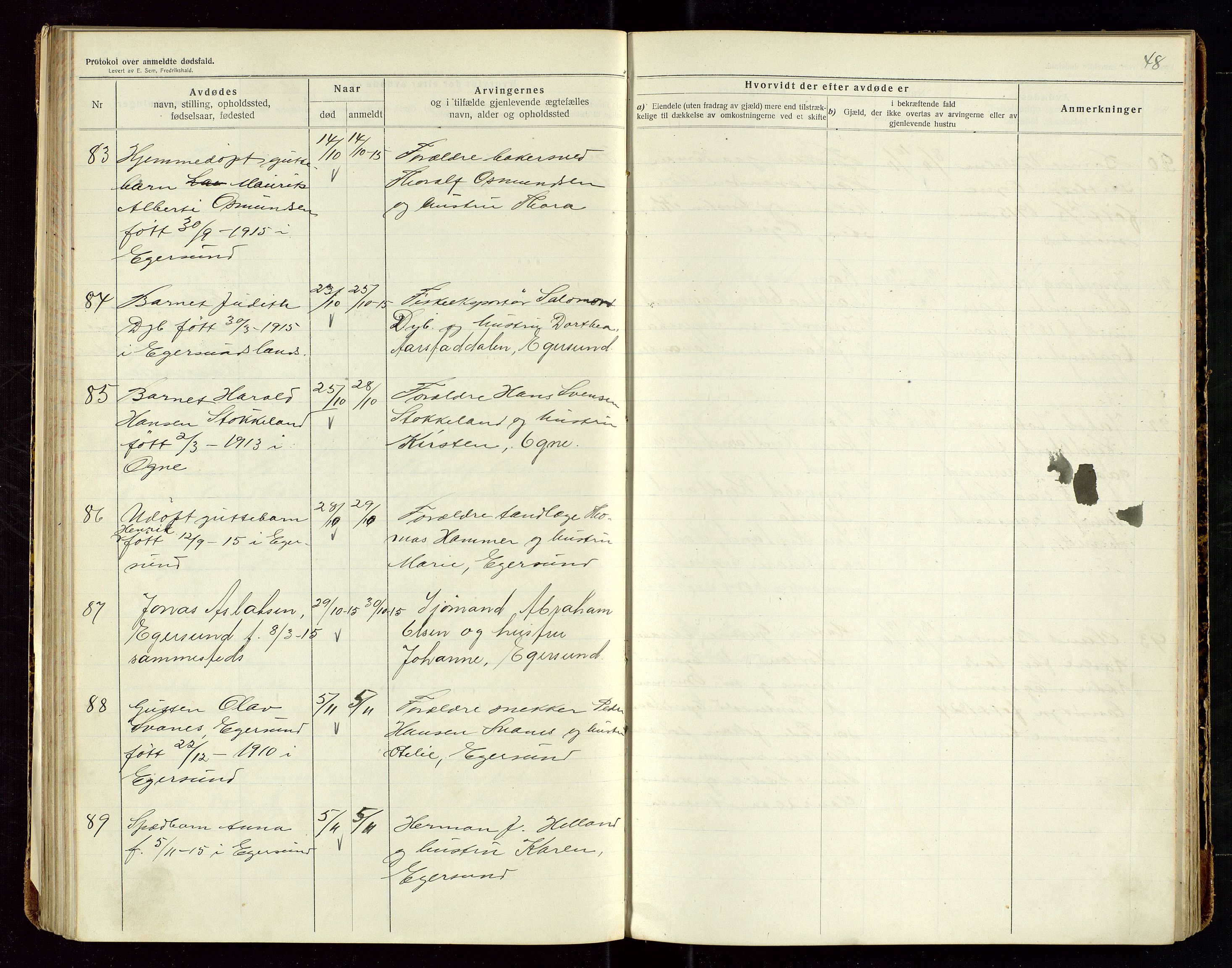 Eigersund lensmannskontor, AV/SAST-A-100171/Gga/L0006: "Protokol over anmeldte dødsfald" m/alfabetisk navneregister, 1914-1917, s. 48