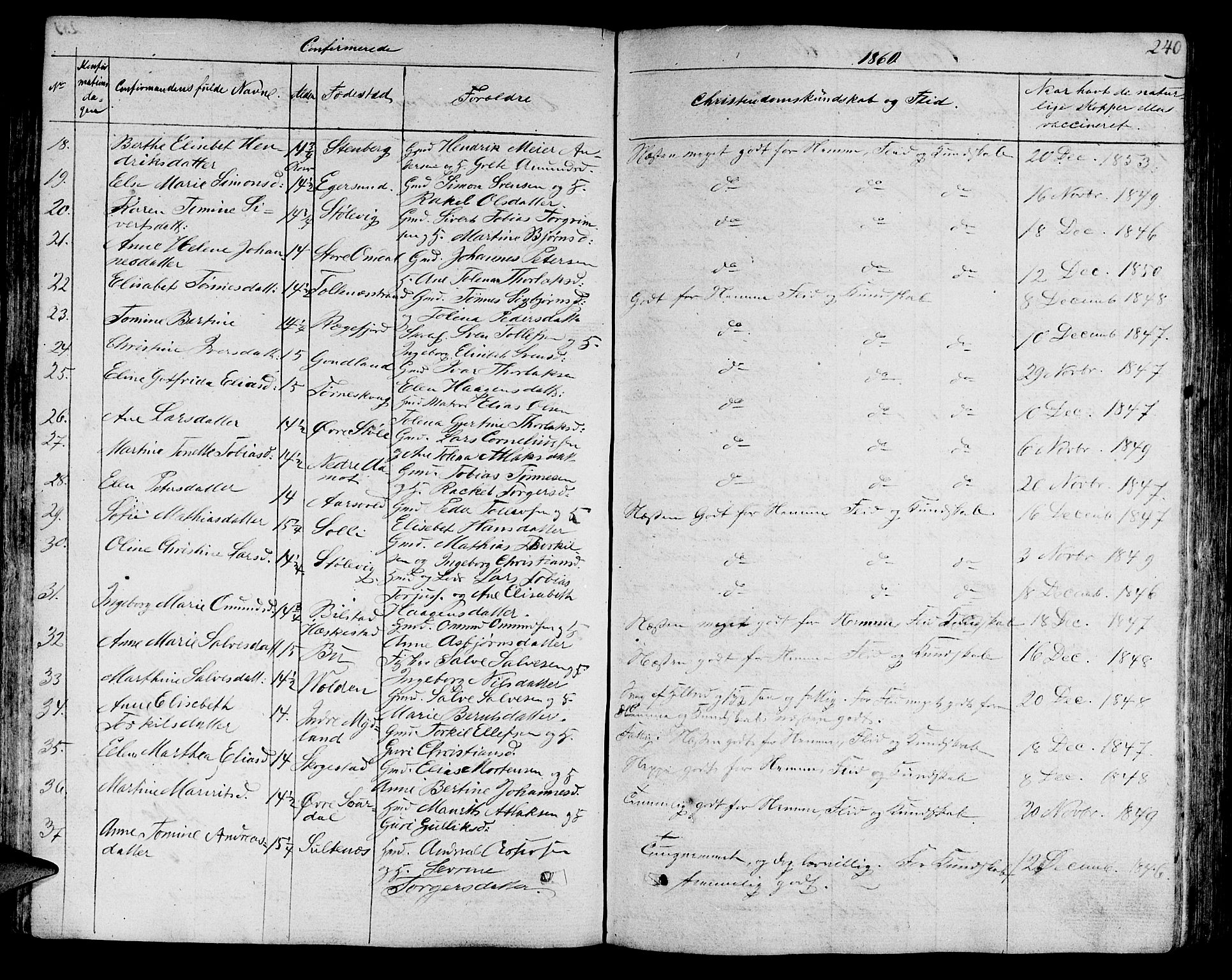 Sokndal sokneprestkontor, AV/SAST-A-101808: Klokkerbok nr. B 2, 1849-1865, s. 240