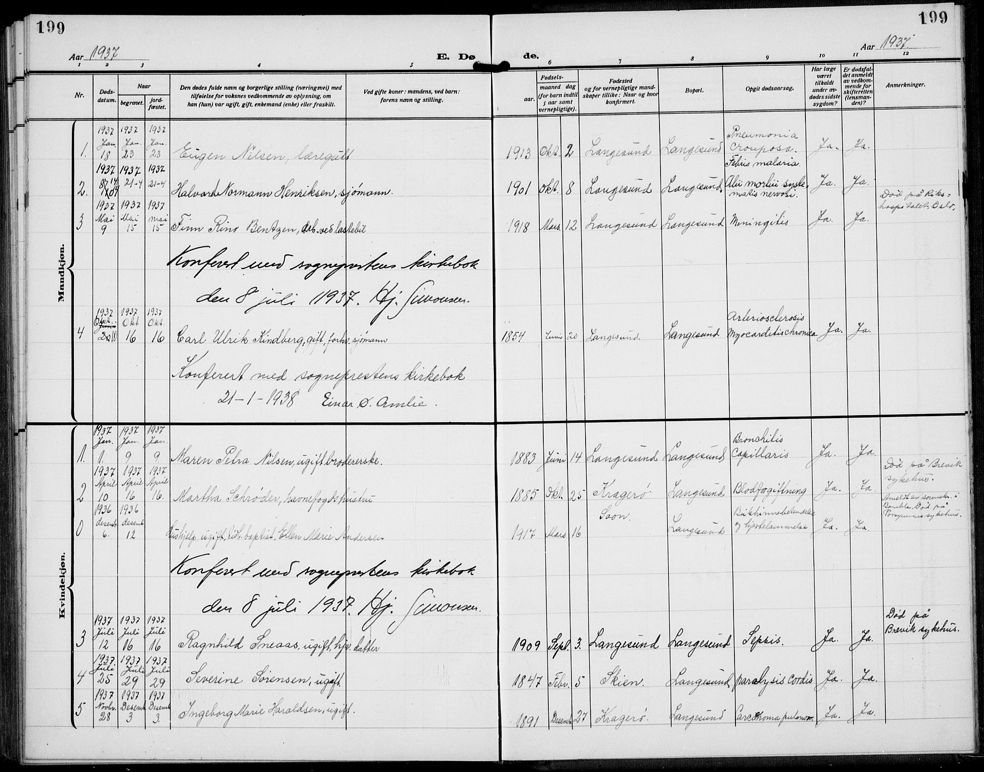 Langesund kirkebøker, AV/SAKO-A-280/G/Ga/L0007: Klokkerbok nr. 7, 1919-1939, s. 199