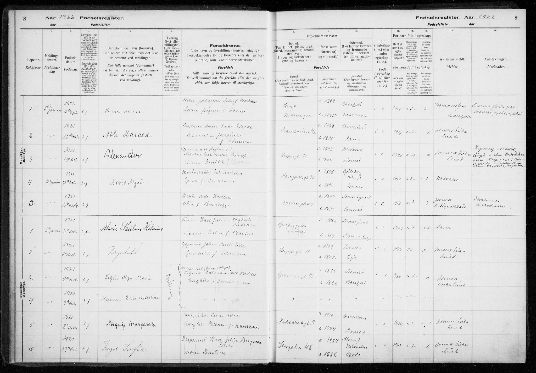 Tromsø sokneprestkontor/stiftsprosti/domprosti, AV/SATØ-S-1343/H/Ha/L0132: Fødselsregister nr. 132, 1921-1927, s. 8