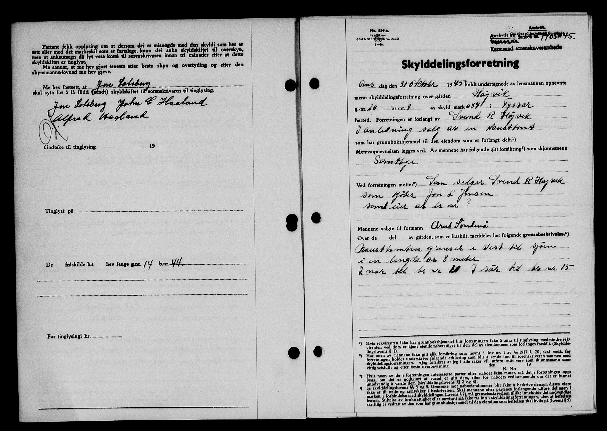 Karmsund sorenskriveri, SAST/A-100311/01/II/IIB/L0084: Pantebok nr. 65A, 1945-1946, Dagboknr: 1405/1945
