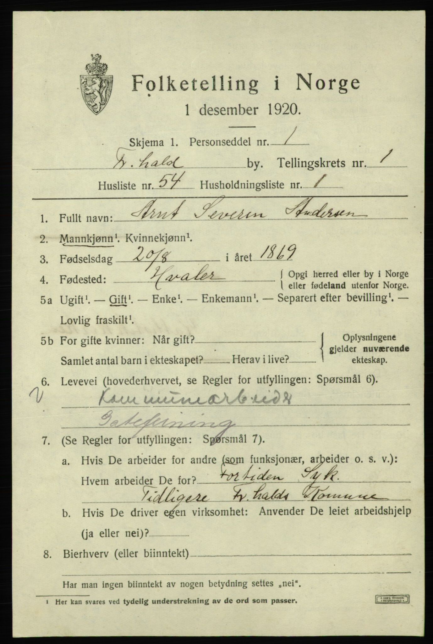 SAO, Folketelling 1920 for 0101 Fredrikshald kjøpstad, 1920, s. 9095