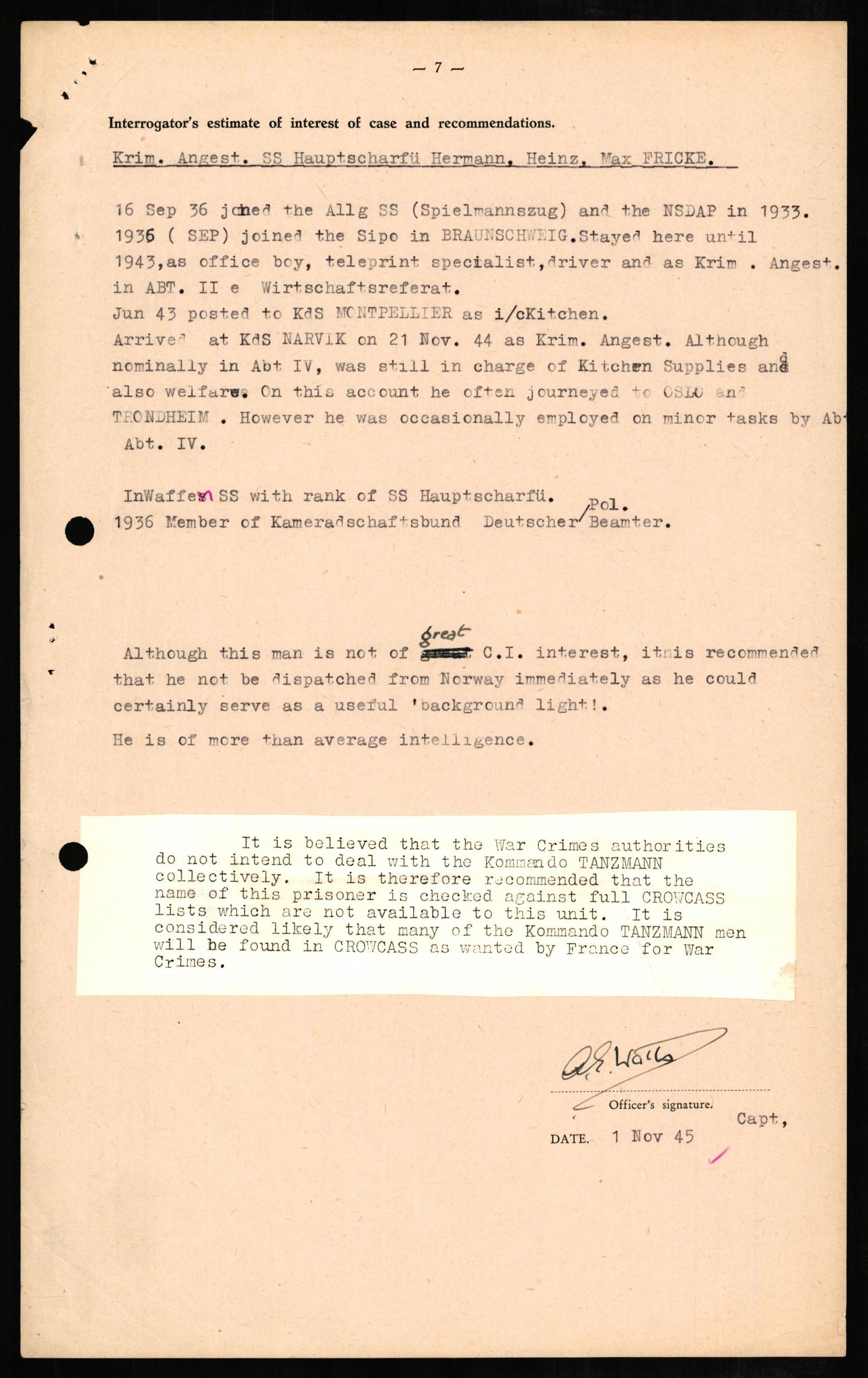 Forsvaret, Forsvarets overkommando II, AV/RA-RAFA-3915/D/Db/L0008: CI Questionaires. Tyske okkupasjonsstyrker i Norge. Tyskere., 1945-1946, s. 339