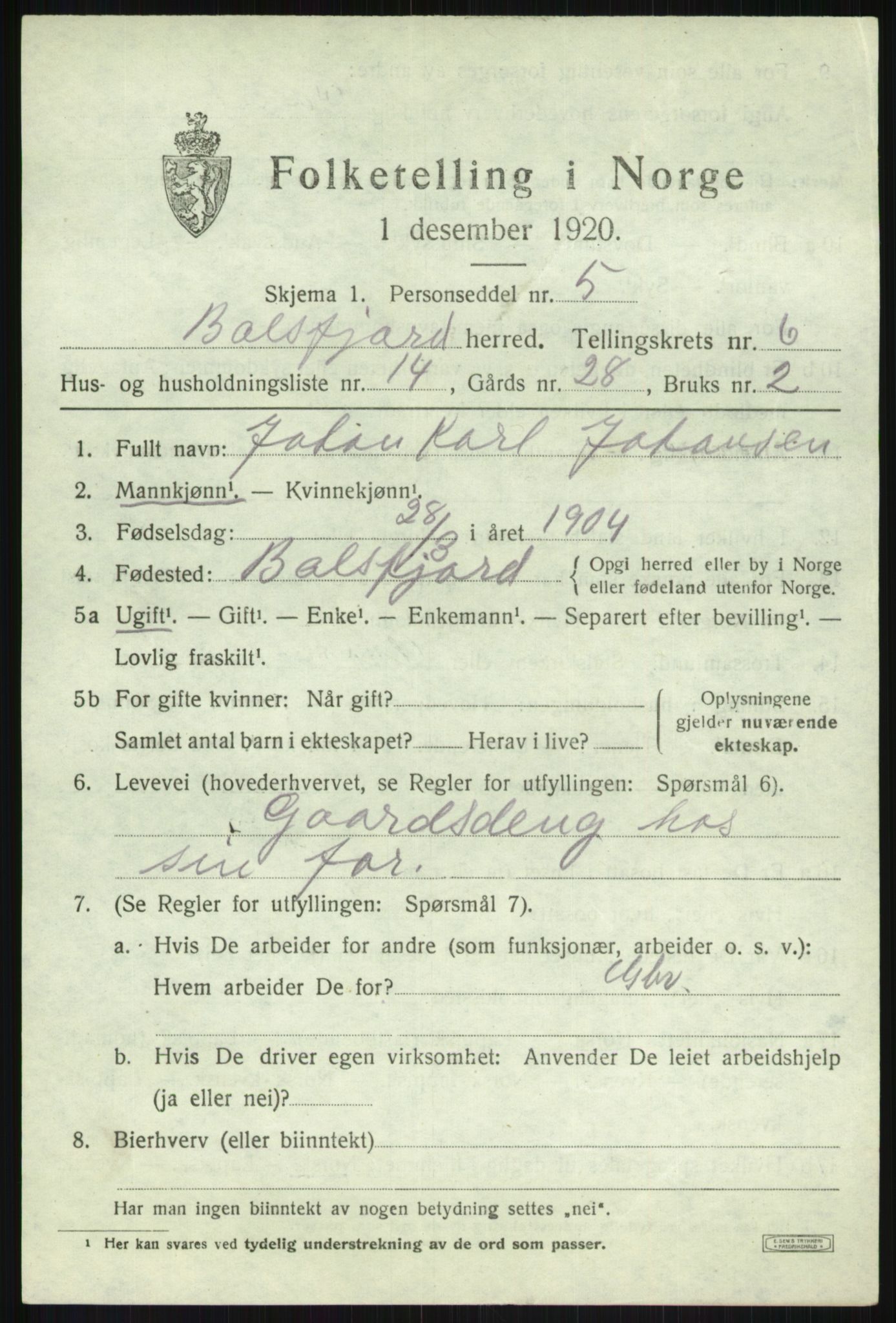 SATØ, Folketelling 1920 for 1933 Balsfjord herred, 1920, s. 3876