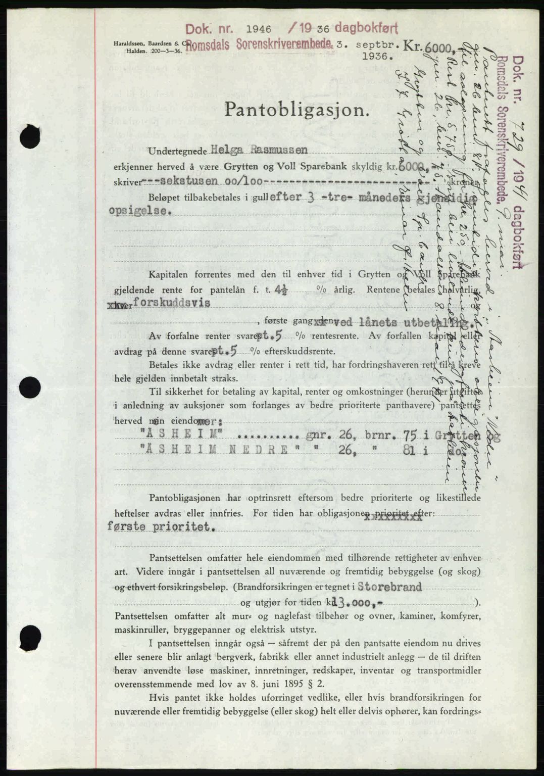 Romsdal sorenskriveri, SAT/A-4149/1/2/2C: Pantebok nr. B1, 1936-1939, Dagboknr: 1946/1936