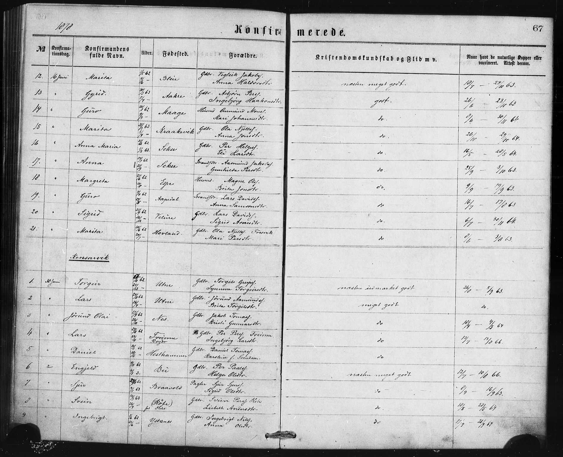 Ullensvang sokneprestembete, AV/SAB-A-78701/H/Haa: Ministerialbok nr. A 13, 1867-1879, s. 67