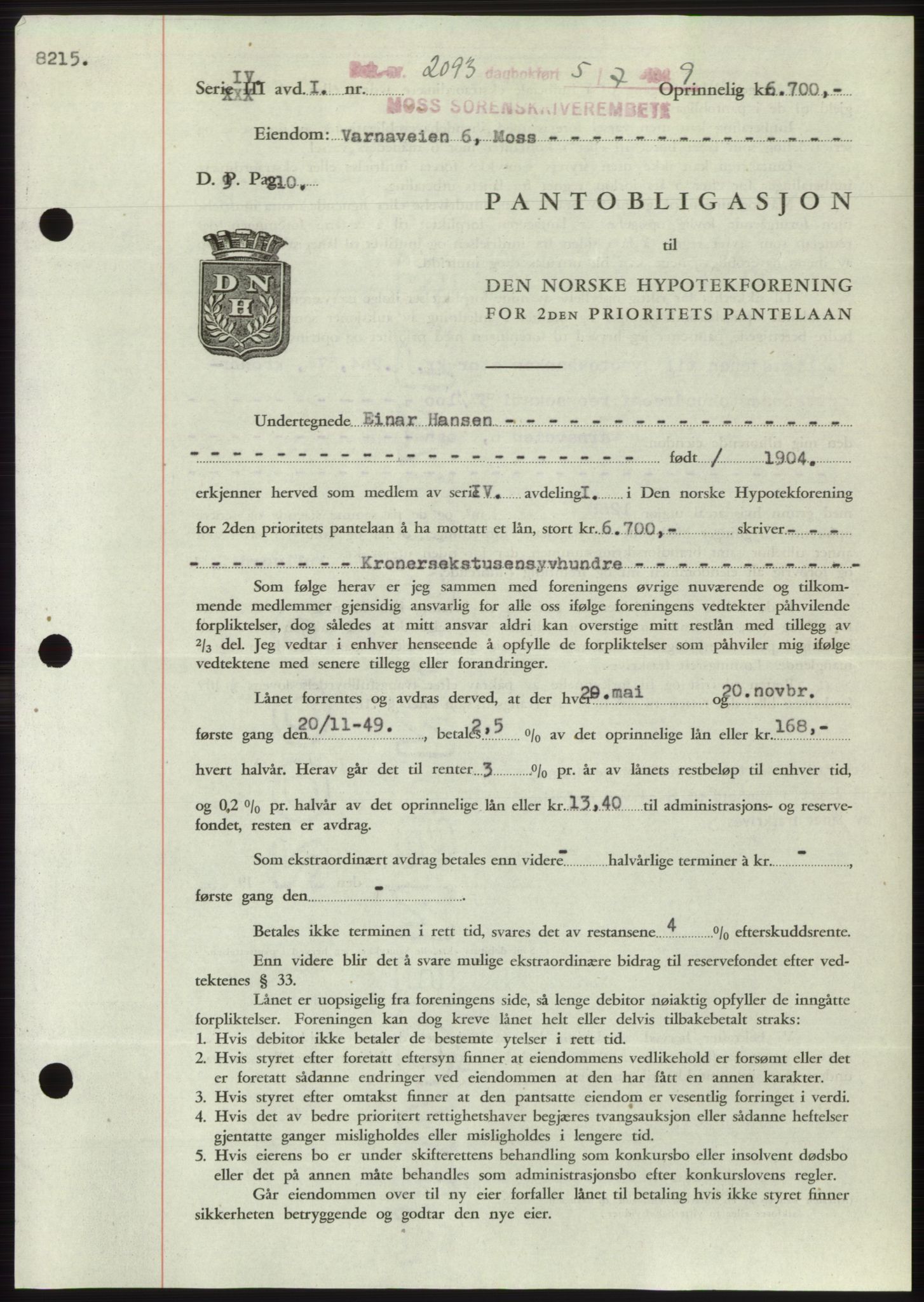Moss sorenskriveri, SAO/A-10168: Pantebok nr. B22, 1949-1949, Dagboknr: 2093/1949