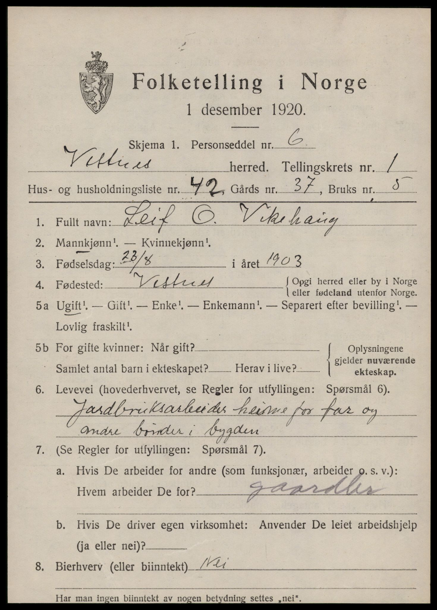 SAT, Folketelling 1920 for 1535 Vestnes herred, 1920, s. 1729