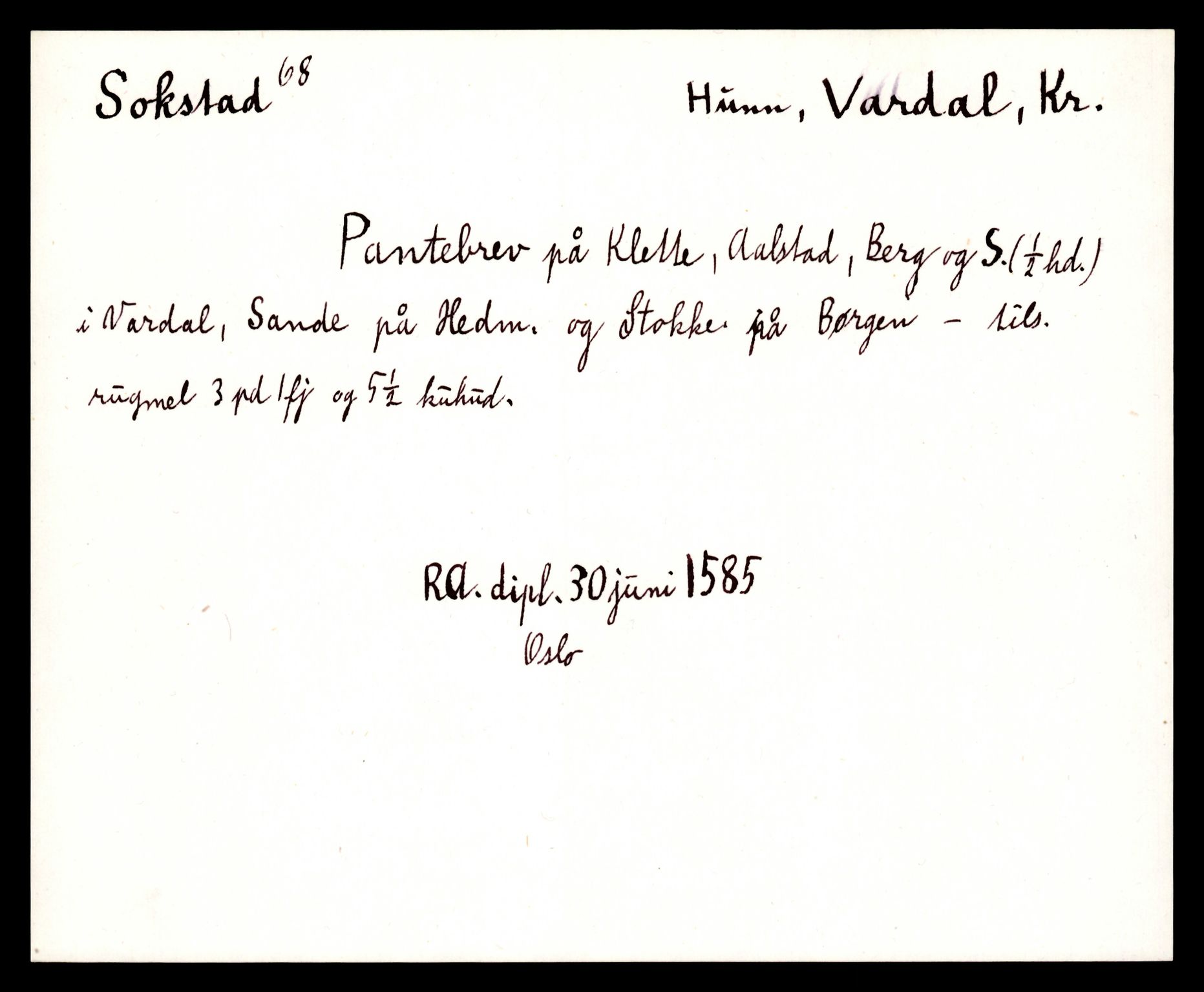 Riksarkivets diplomsamling, AV/RA-EA-5965/F35/F35e/L0011: Registreringssedler Oppland 3, 1400-1700, s. 93