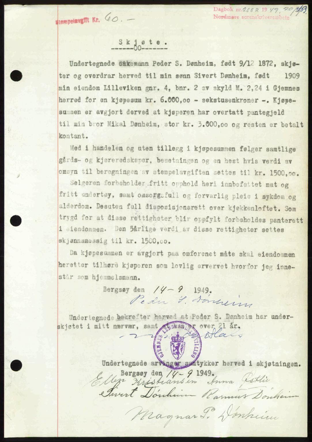 Nordmøre sorenskriveri, SAT/A-4132/1/2/2Ca: Pantebok nr. A112, 1949-1949, Dagboknr: 2582/1949