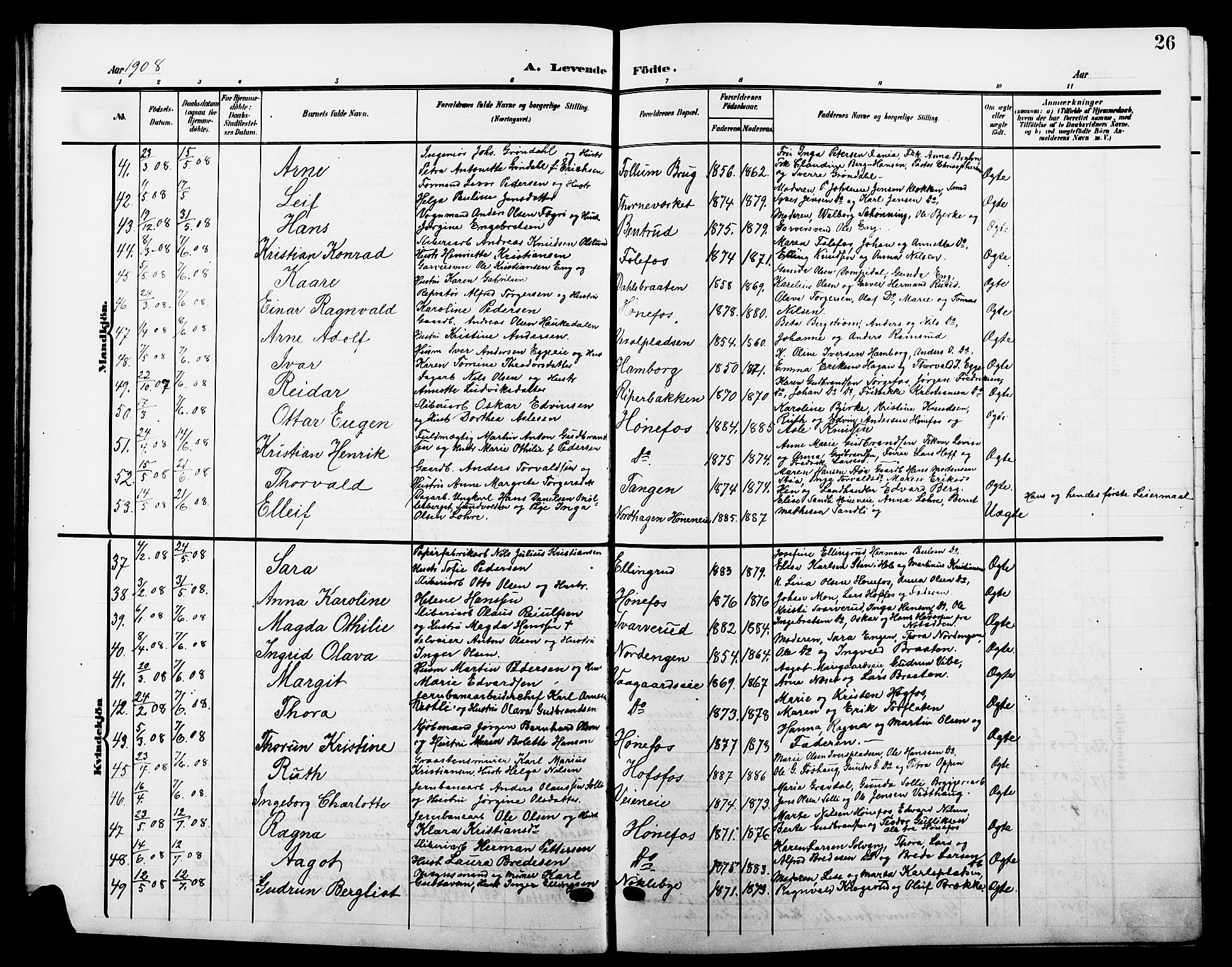 Hønefoss kirkebøker, AV/SAKO-A-609/G/Ga/L0003: Klokkerbok nr. 3, 1905-1925, s. 26