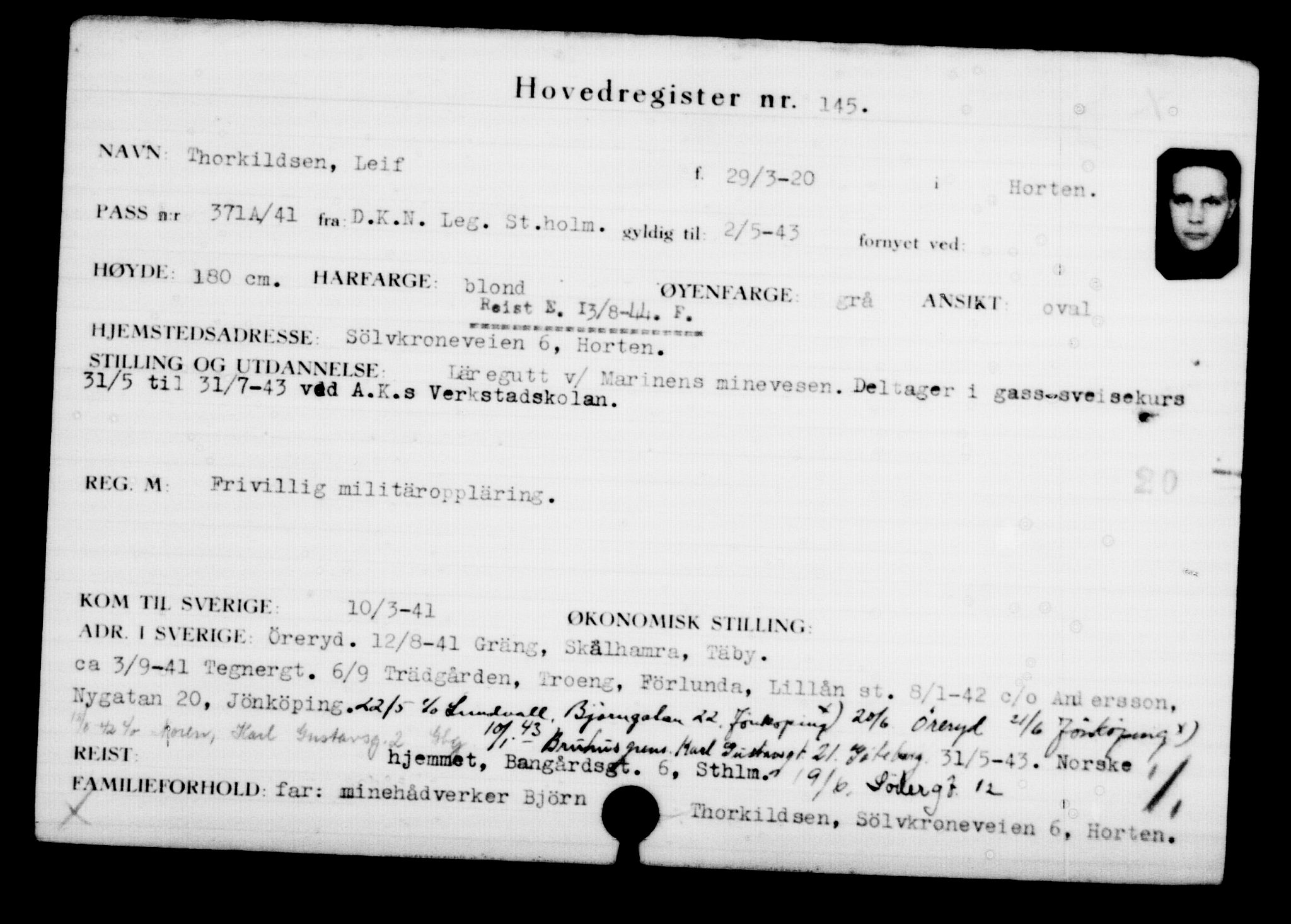 Utenriksstasjonene, Legasjonen i Stockholm, Flyktningkontoret, AV/RA-S-6753/V/Va/L0001: Kjesäterkartoteket, flyktninger med registreringsnr. 1-1000, 1940-1945, s. 236