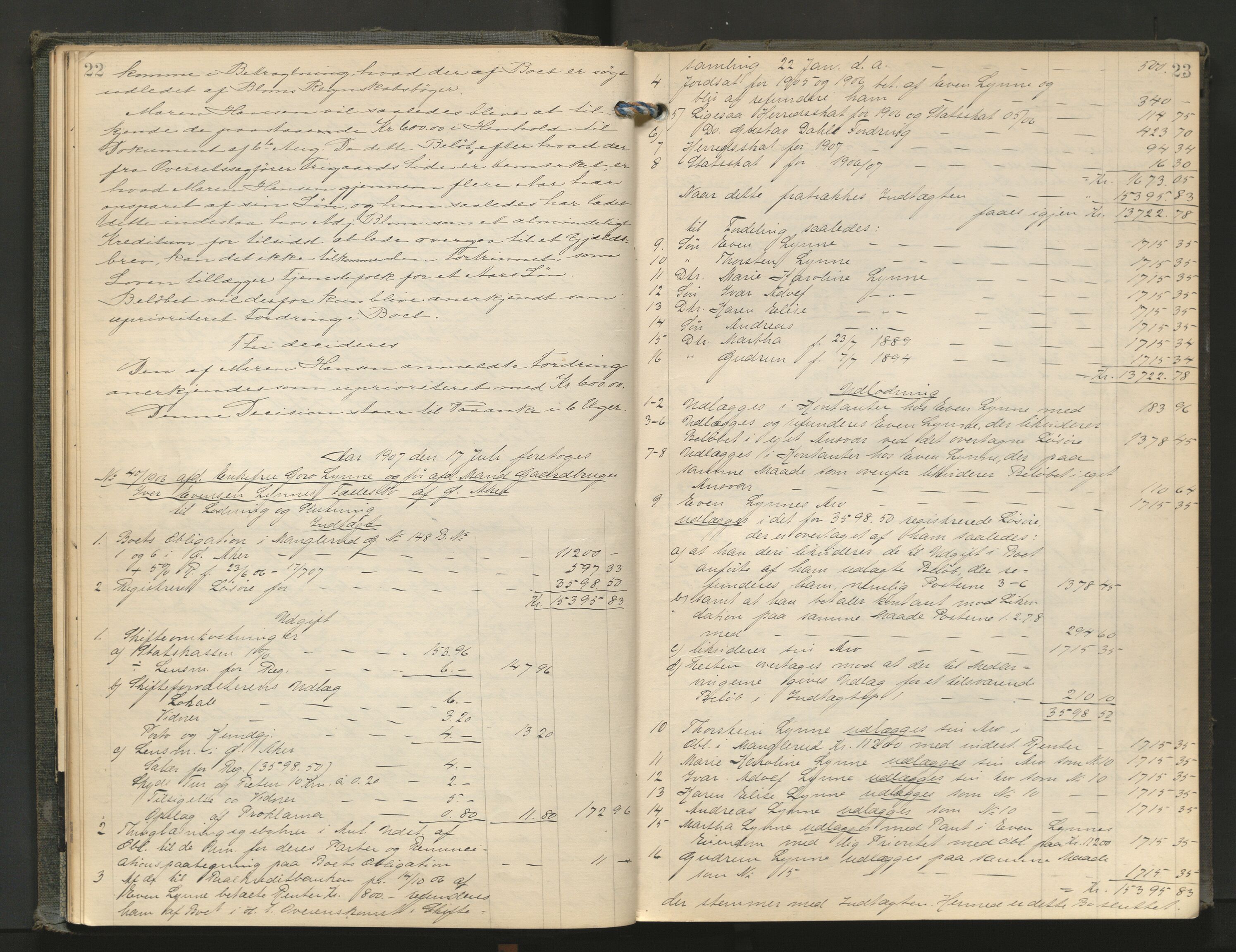 Aker kriminaldommer, skifte- og auksjonsforvalterembete, AV/SAO-A-10452/H/He/L0003: Utlodningsprotokoll, 1907-1911, s. 22-23