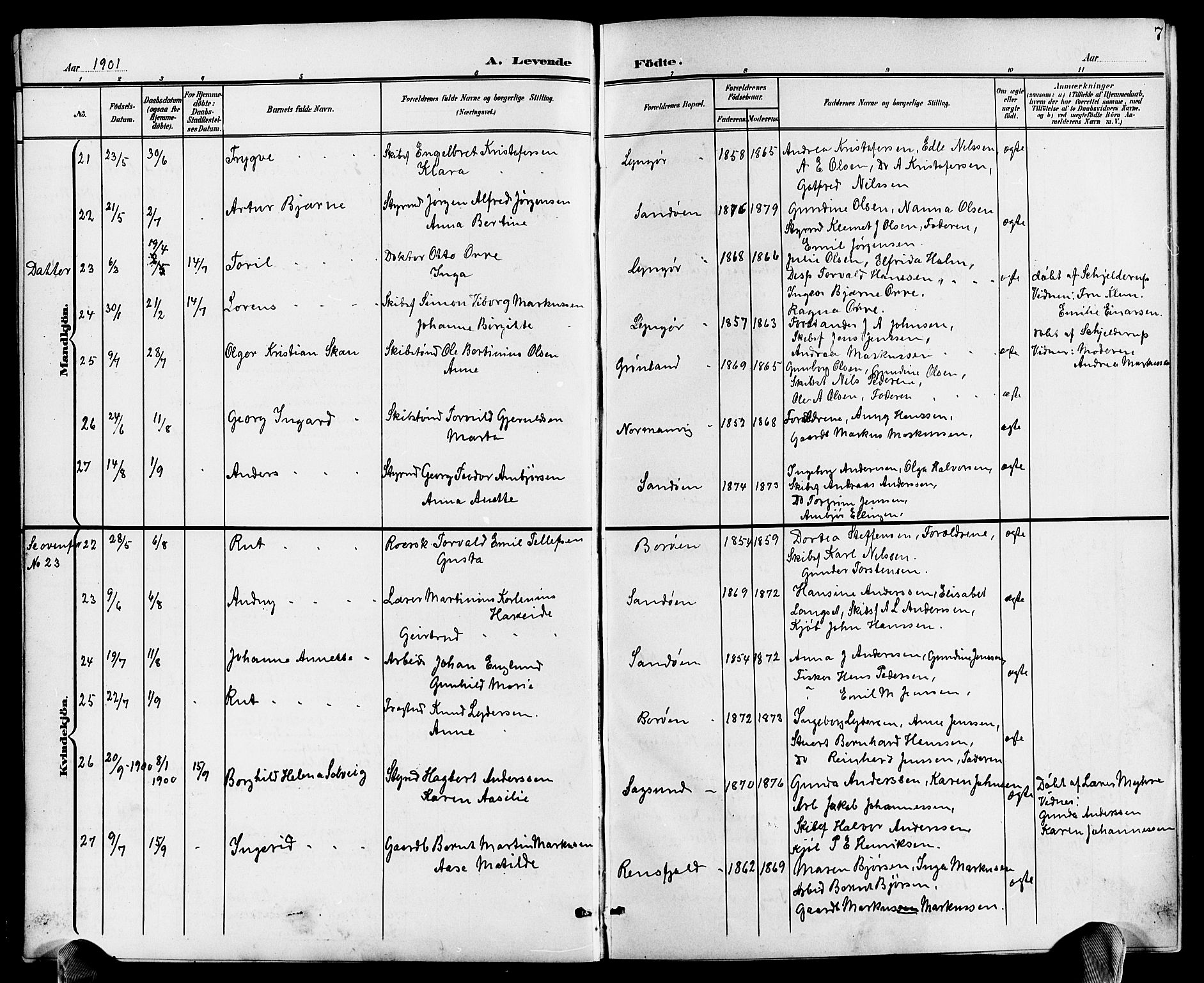 Dypvåg sokneprestkontor, AV/SAK-1111-0007/F/Fb/Fba/L0014: Klokkerbok nr. B 14, 1901-1922, s. 7