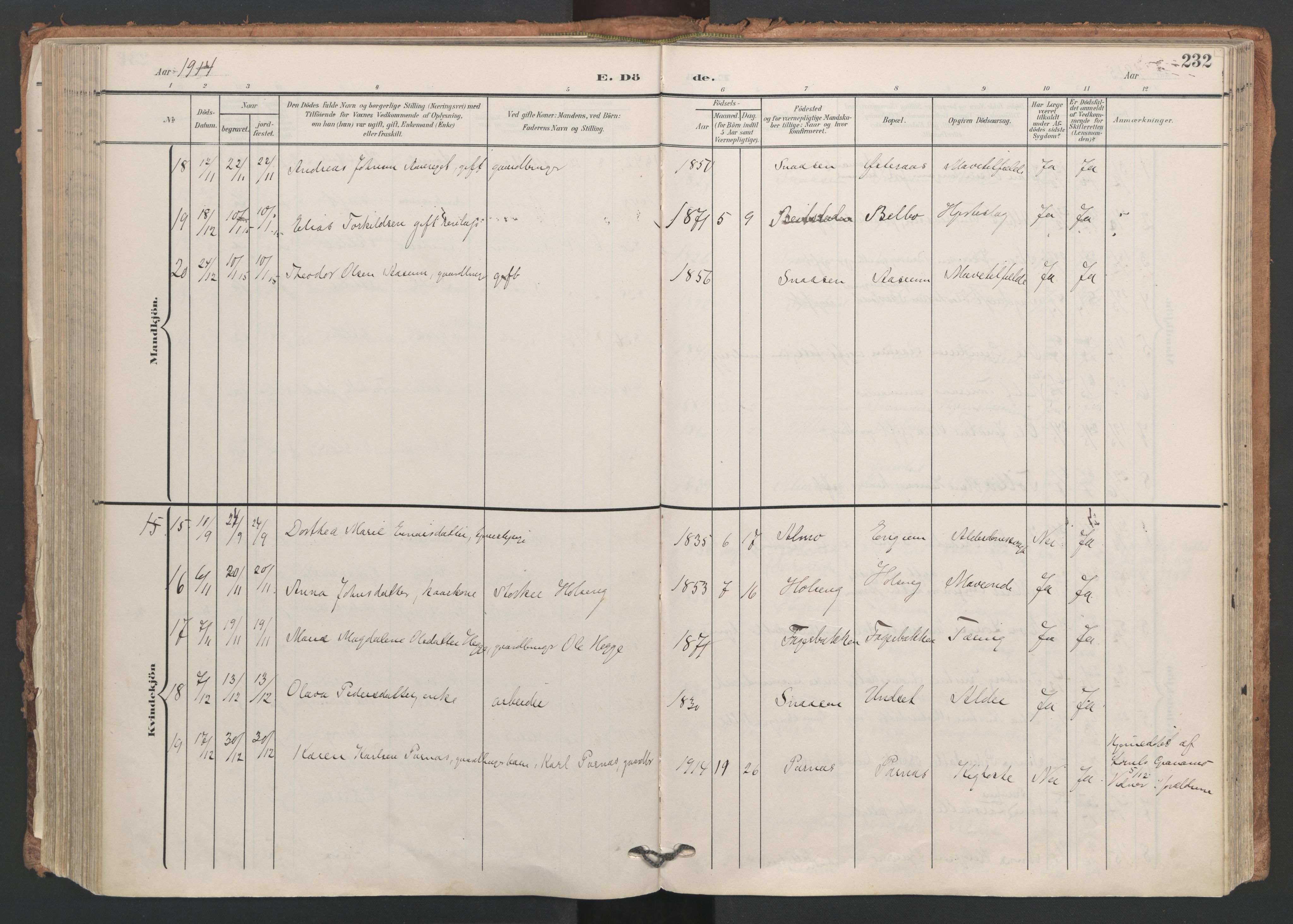 Ministerialprotokoller, klokkerbøker og fødselsregistre - Nord-Trøndelag, AV/SAT-A-1458/749/L0477: Ministerialbok nr. 749A11, 1902-1927, s. 232